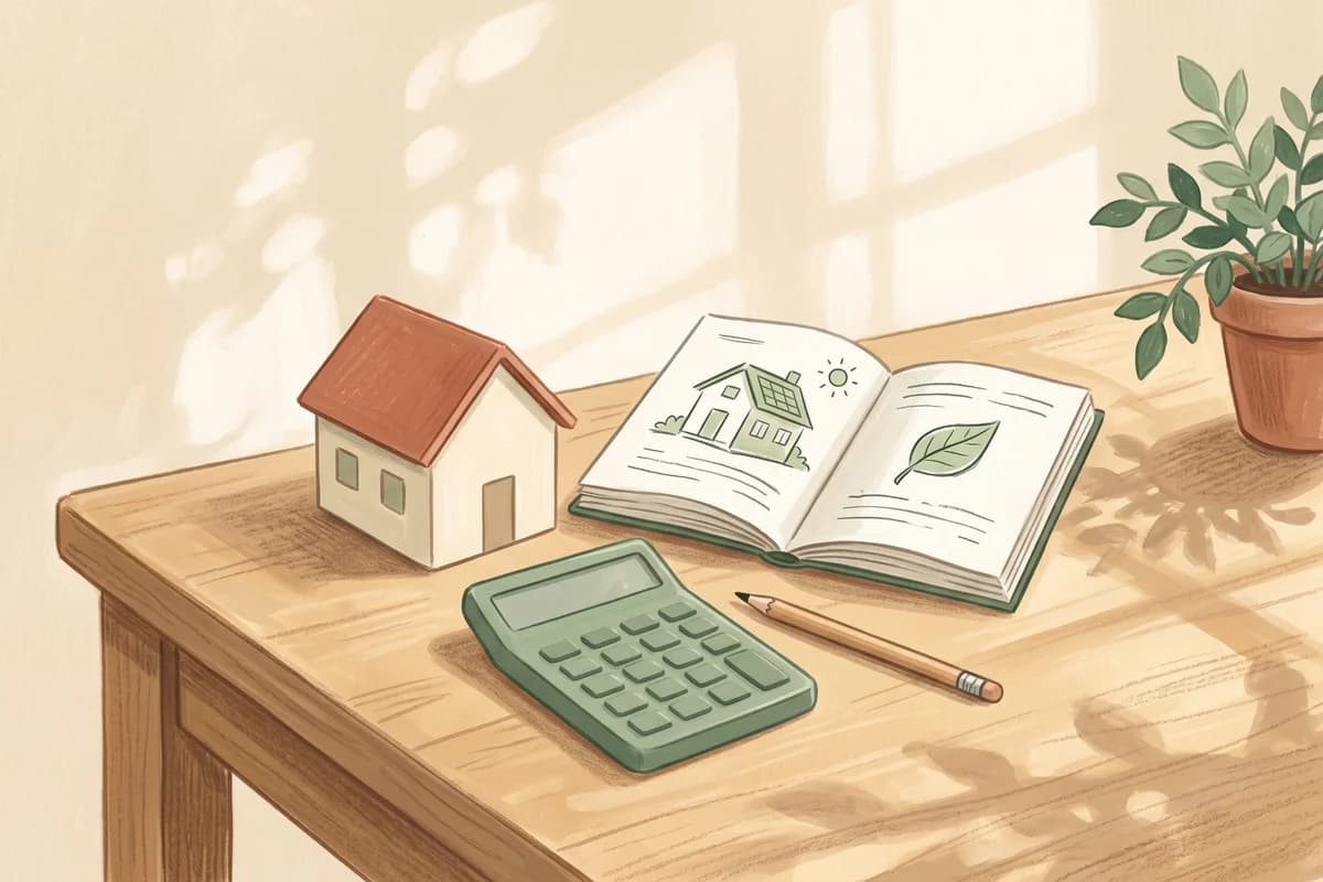 A house model, an open homeowner guide, and a calculator on a sunlit table.