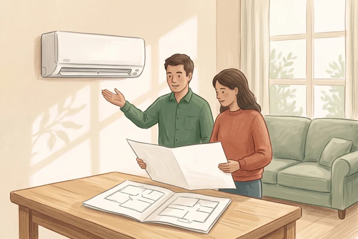 A homeowner and installation contractor reviewing a house floor plan and a new indoor heat-pump unit.