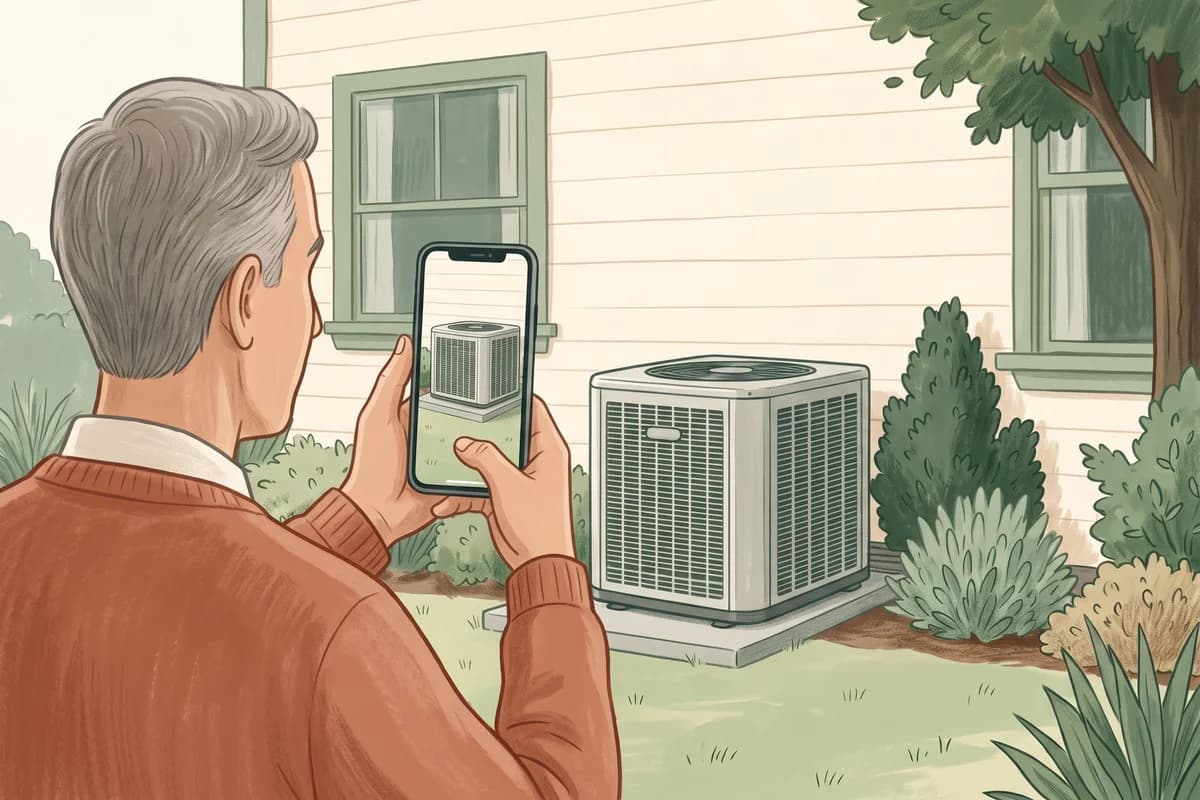 Illustration of a homeowner using a phone to photograph an outdoor air-conditioning unit.