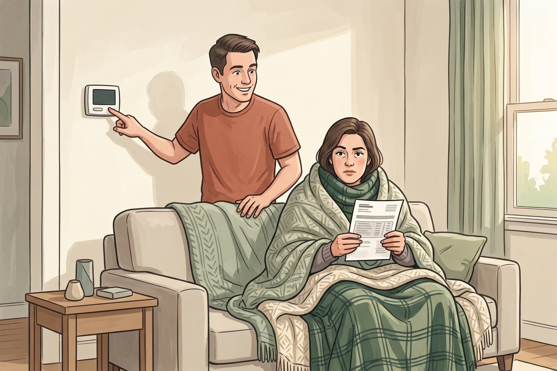 Gouache illustration of a pleased spouse adjusting a thermostat while their unimpressed partner sits under three blankets holding an electricity bill.