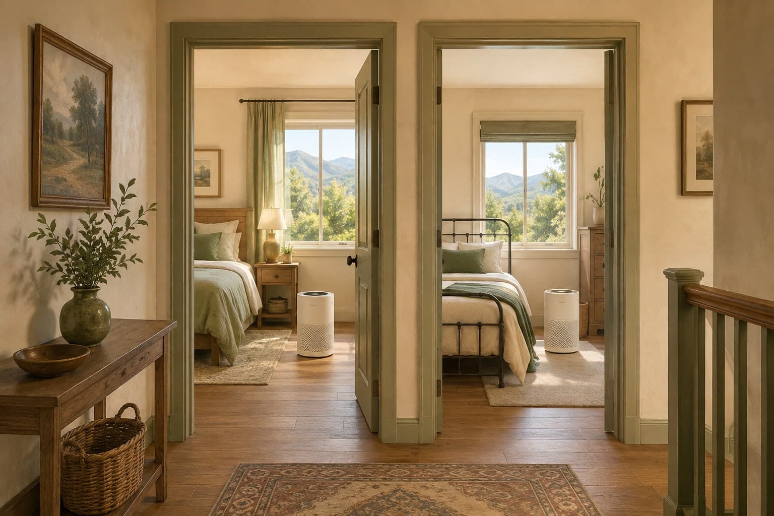 Illustration of a Tulare County hallway showing separate portable air purifiers in two bedrooms.