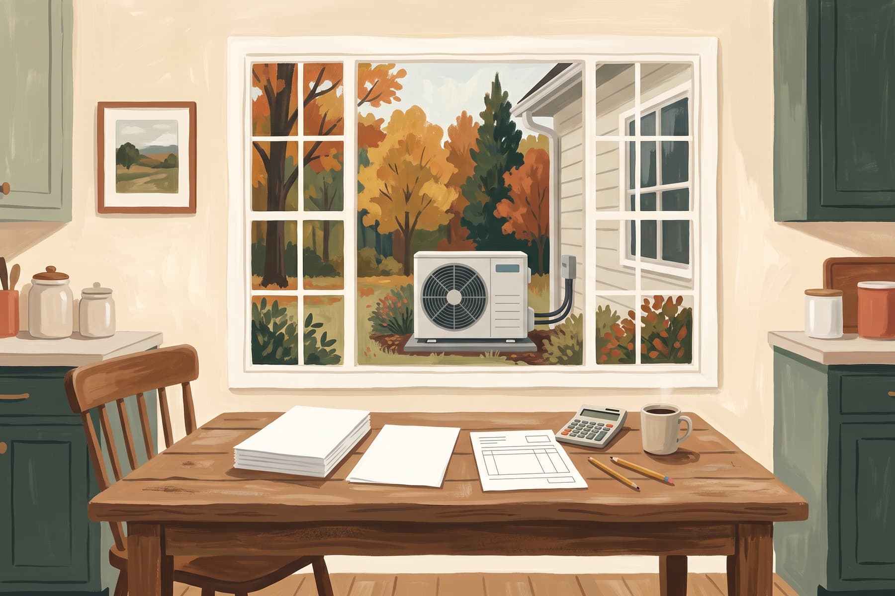 Illustration of project estimates and a calculator on a Missouri kitchen table, with a heat pump and autumn trees visible outside.