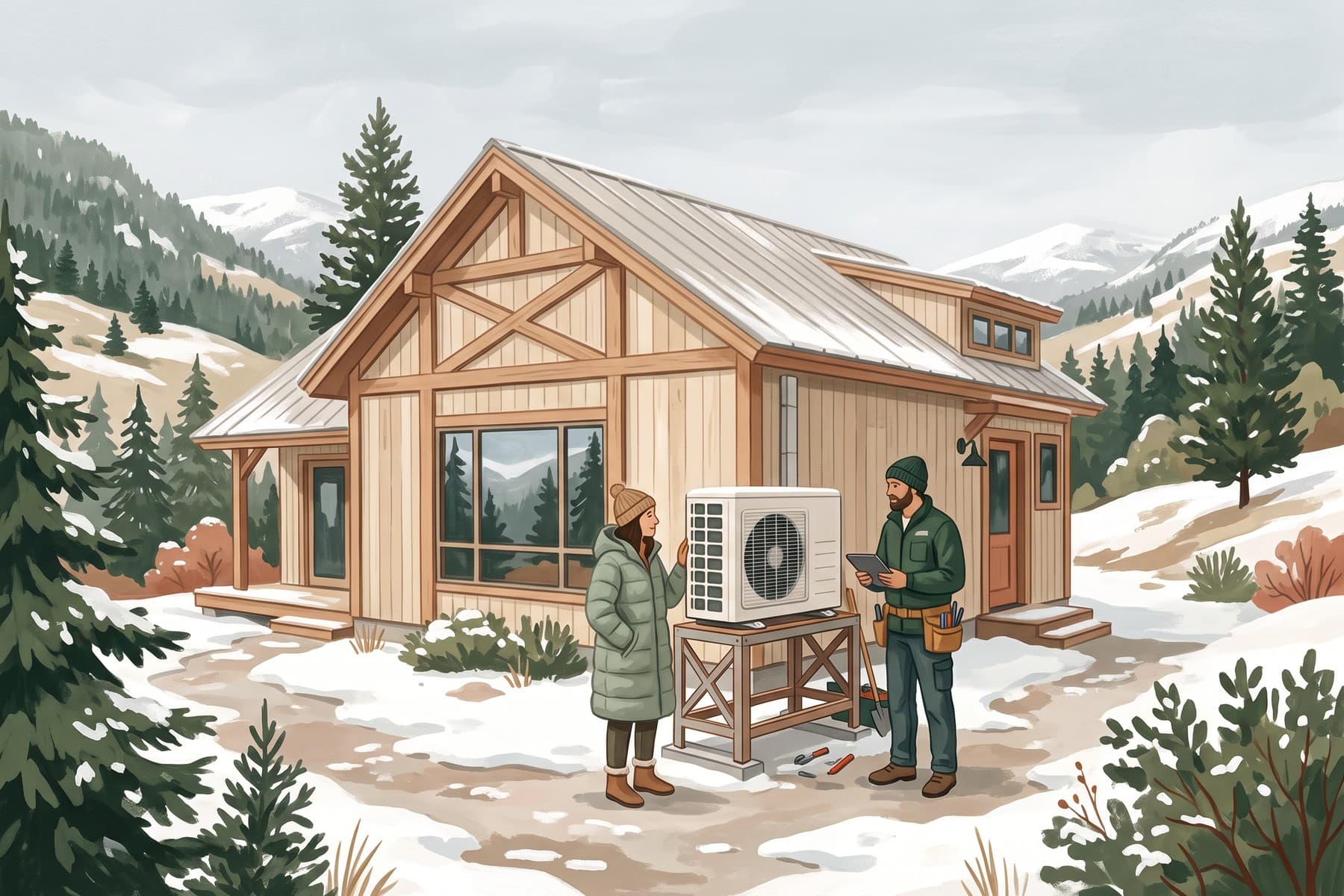 Illustration of a homeowner and technician discuss an elevated heat pump outside a Montana timber home in light snow.
