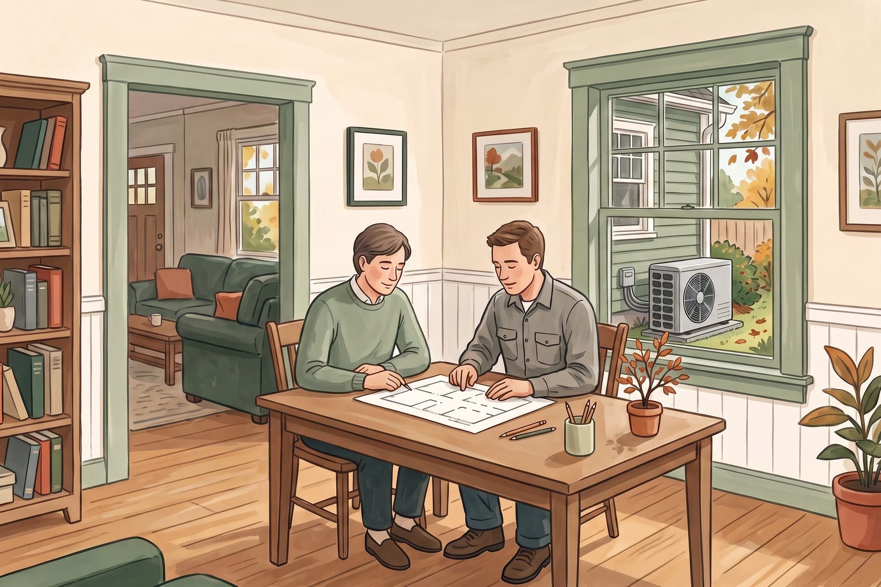 Illustration of a homeowner and HVAC professional reviewing a heating plan in a Connecticut home.