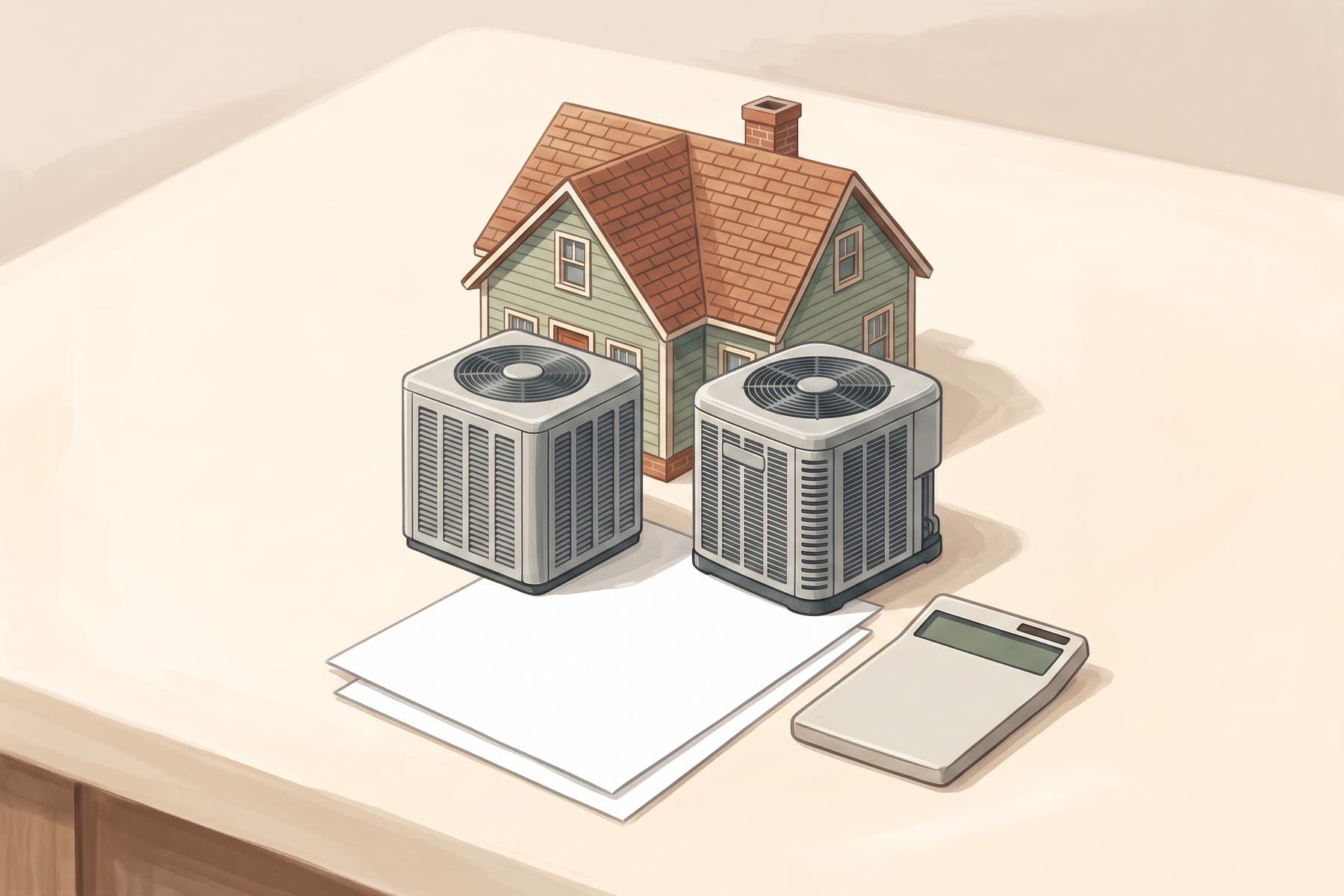 Illustration of two heat-pump models and unlabeled quote sheets being compared beside a house model.