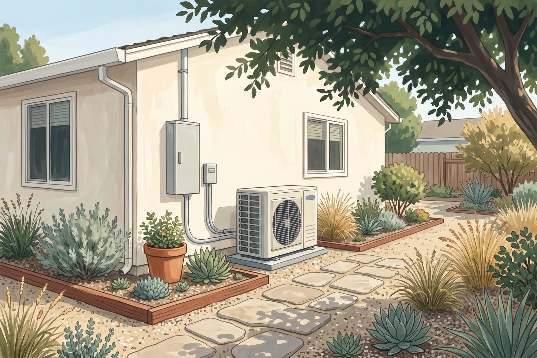 Illustration of a heat pump and closed electrical panel beside a shaded Sacramento ranch home.