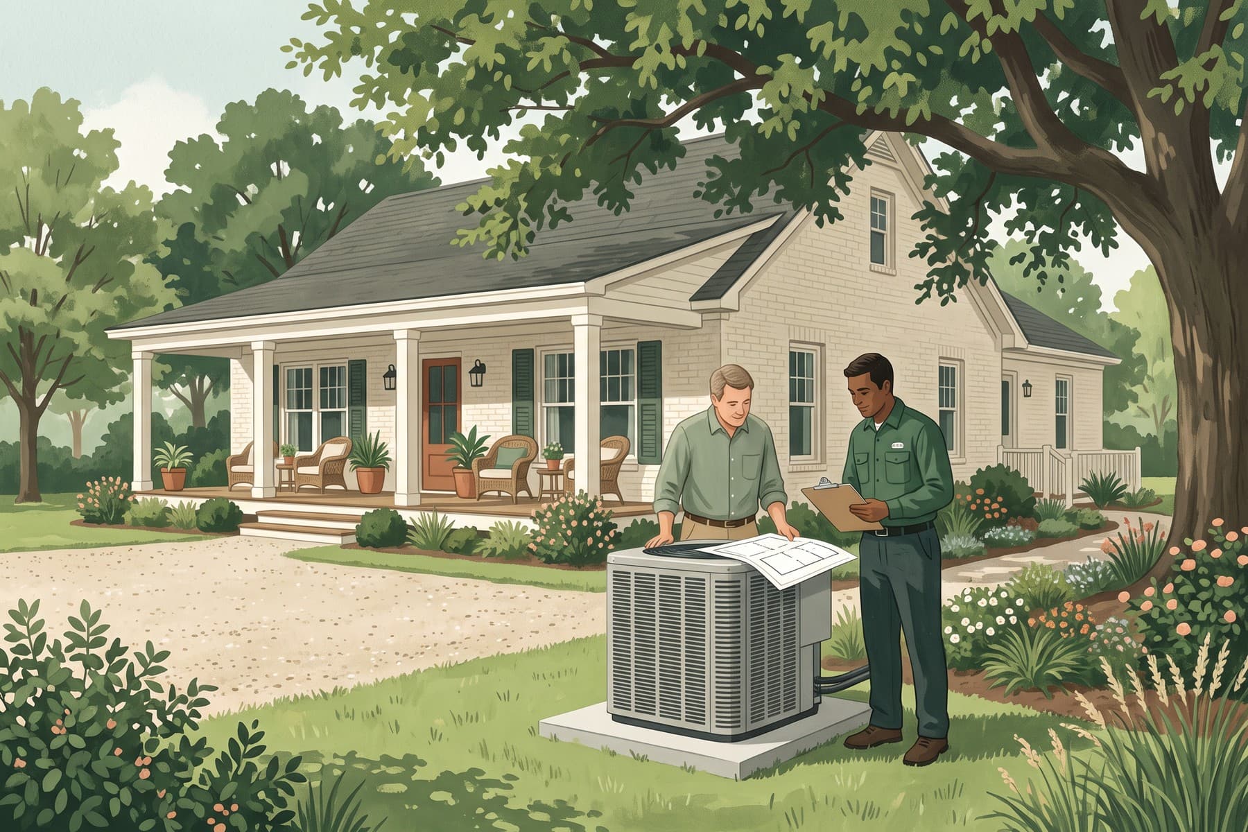 Illustration of a homeowner and technician review a floor plan beside an outdoor unit at a shaded Alabama brick home.