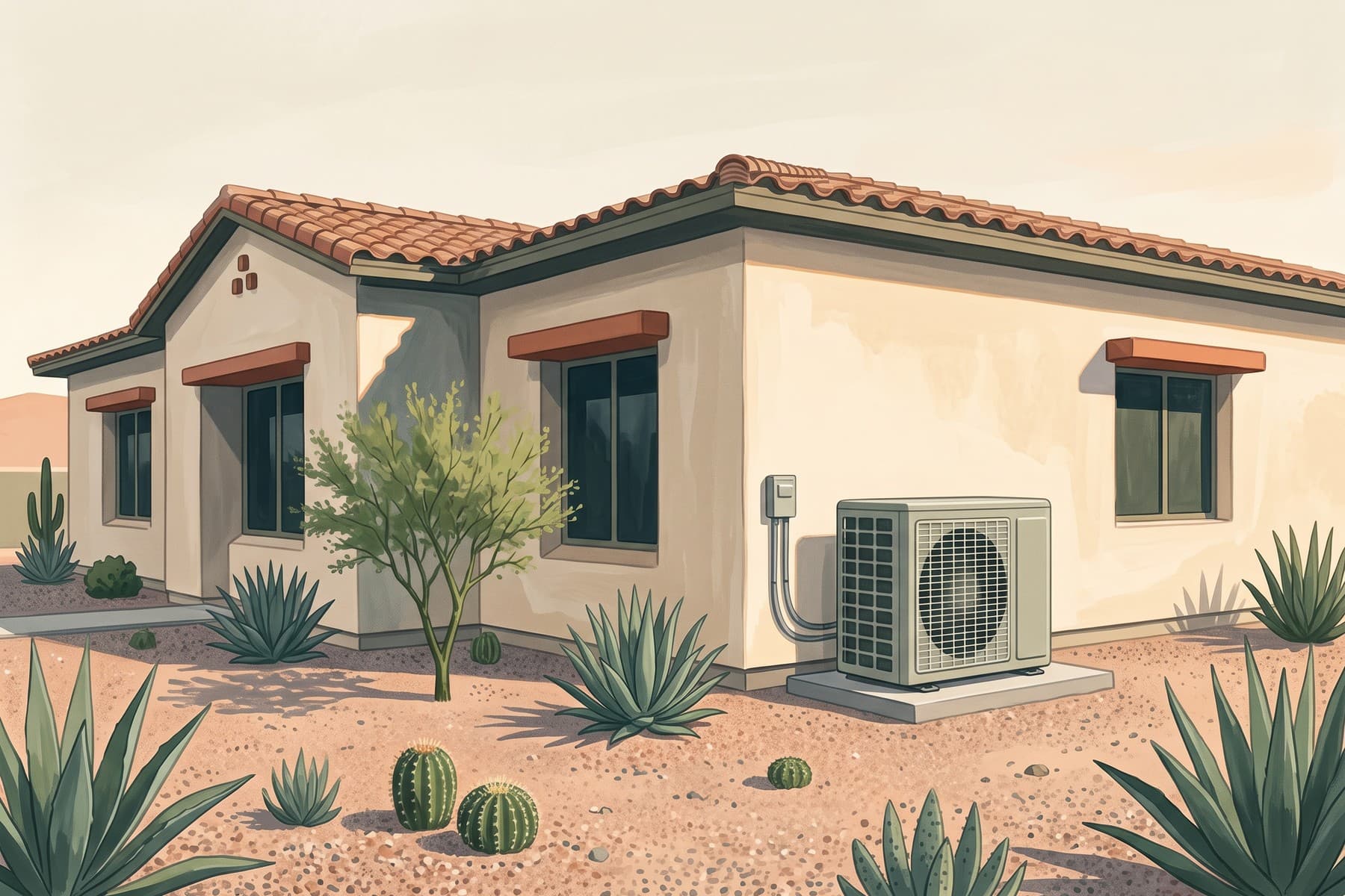 Illustration of a heat pump beside an Arizona stucco home with desert landscaping.