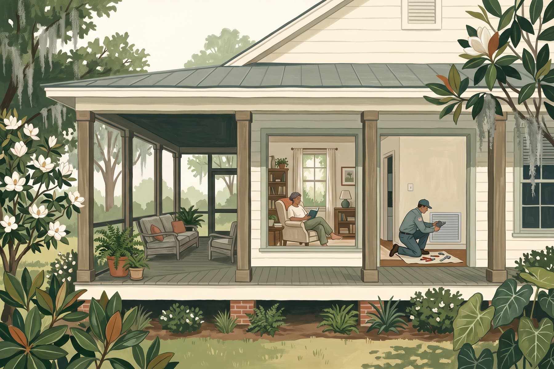 Illustration of a technician inspects a floor register in a Mississippi home opening onto a shaded porch.