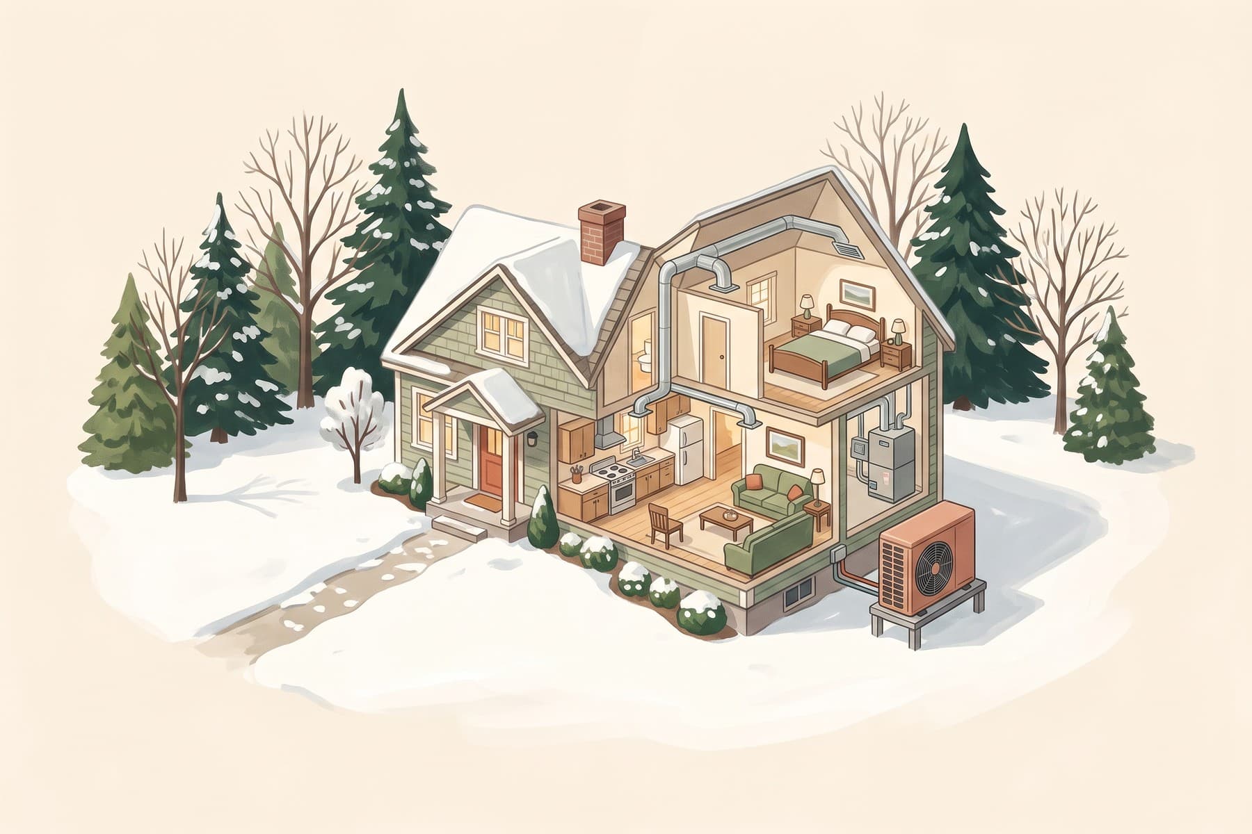 Cutaway illustration of a Maine home with ducted heating and an outdoor heat pump in winter.