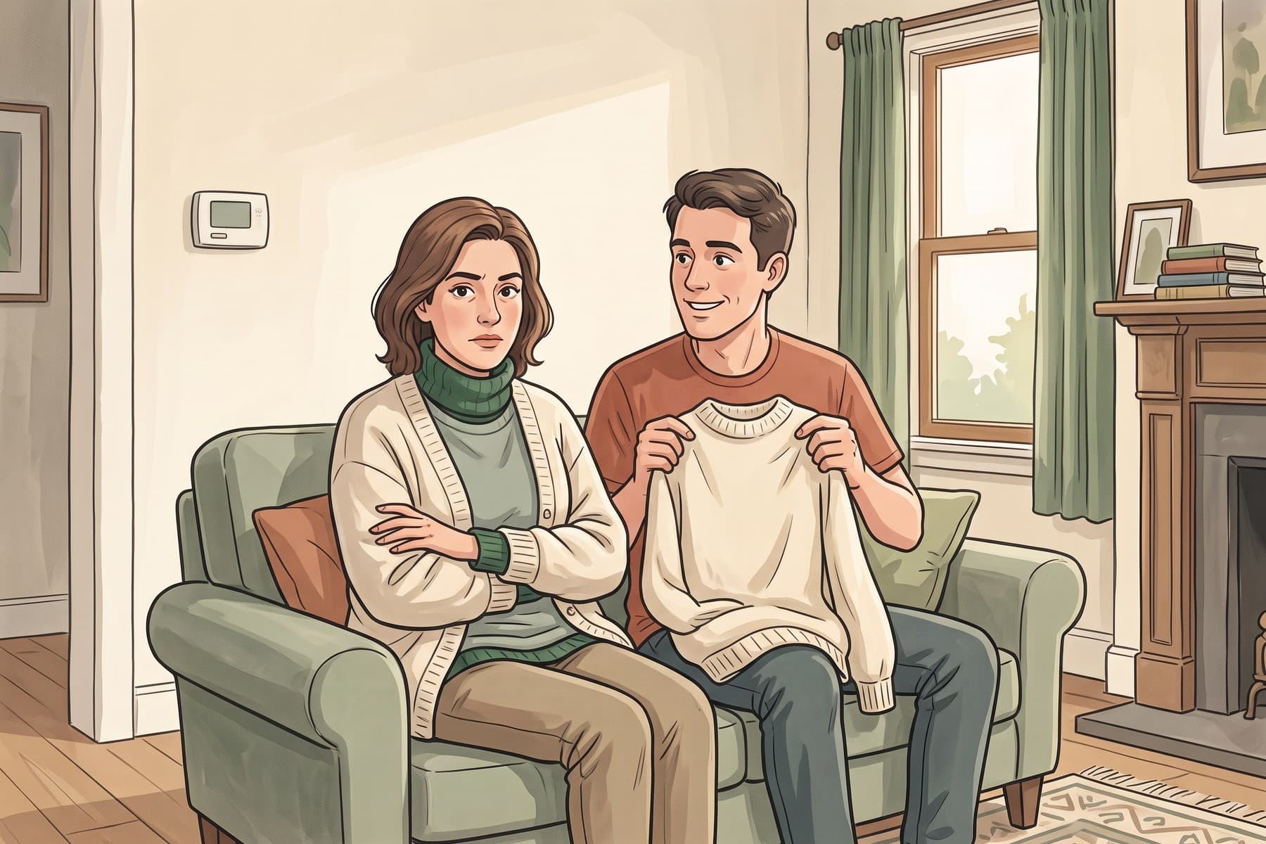 A bundled partner in several sweaters gives the viewer a deadpan look while their lightly dressed partner gestures helpfully toward another sweater.