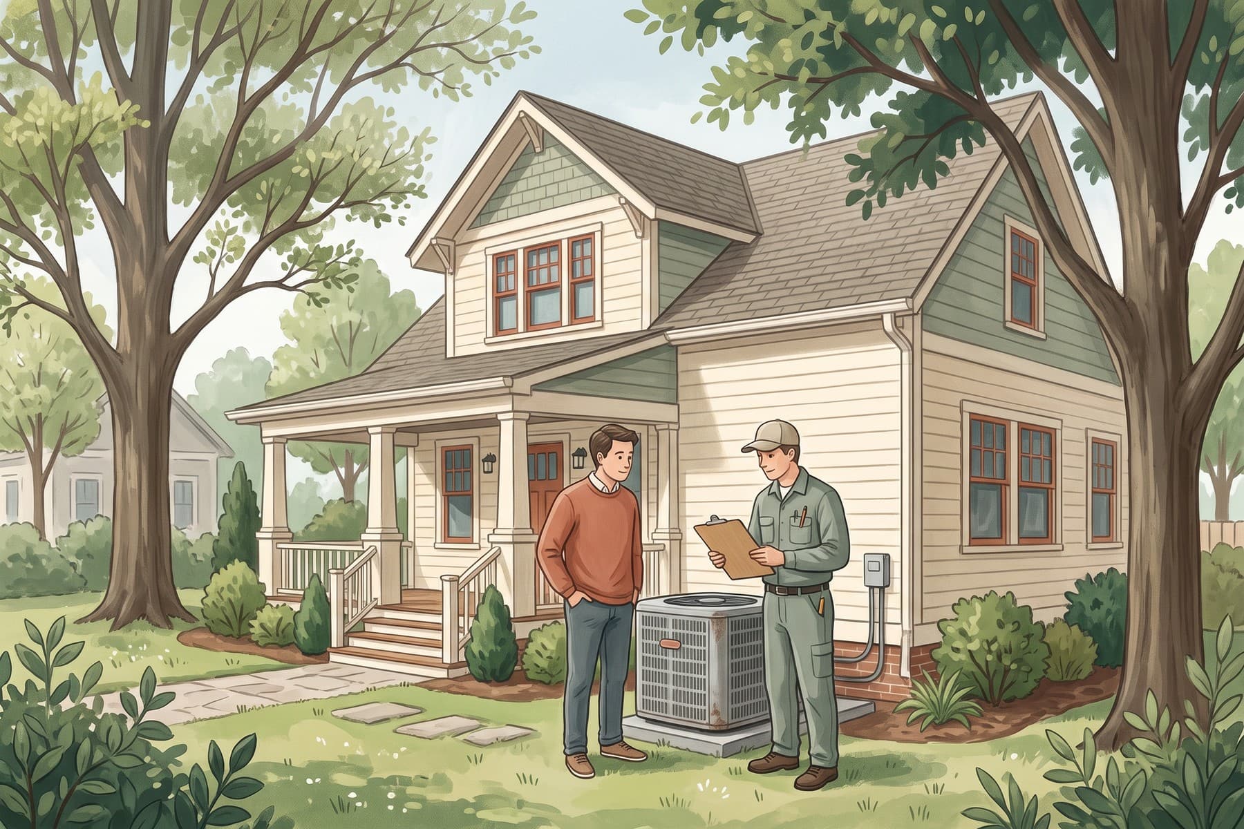 Illustration of a homeowner and HVAC professional discussing equipment beside a North Carolina home.