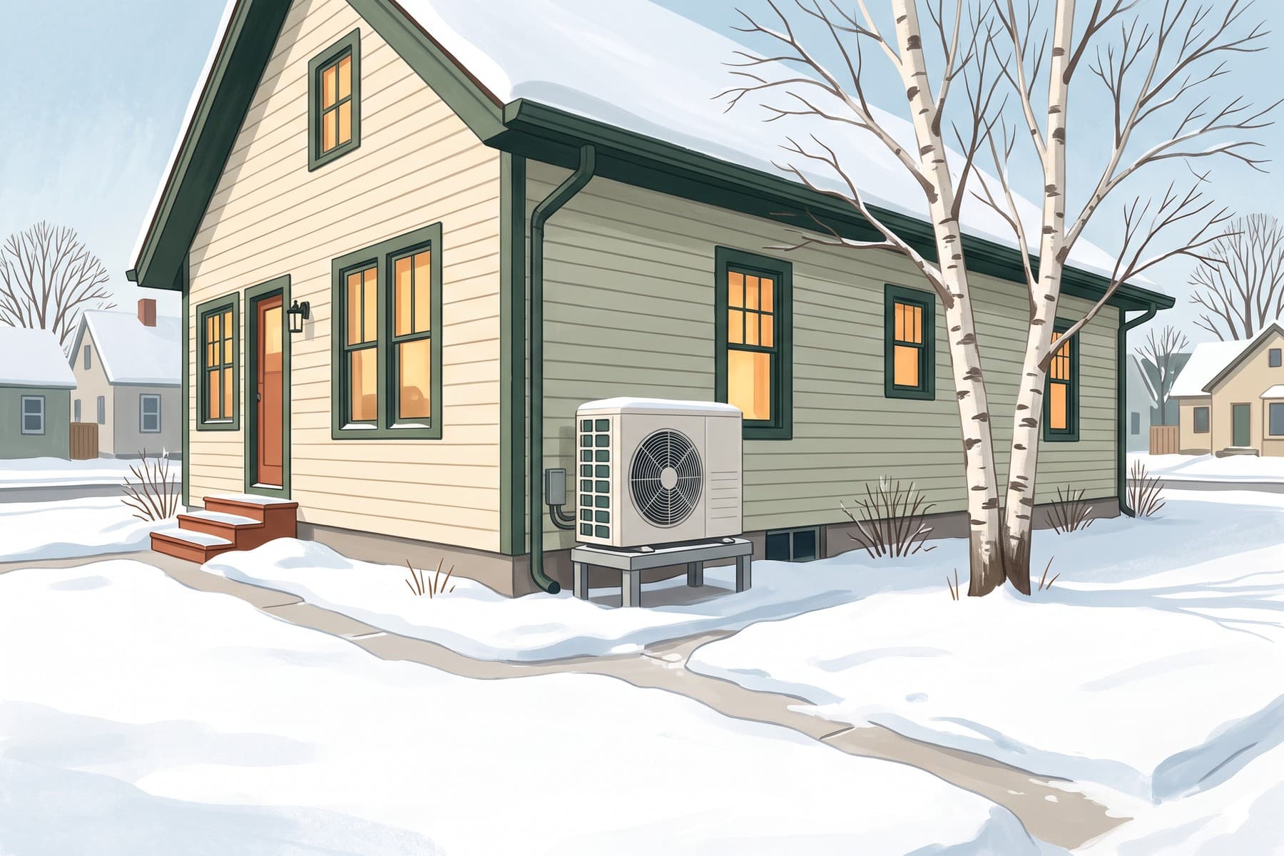 Illustration of a raised heat pump beside a Minnesota home with warm windows in winter.