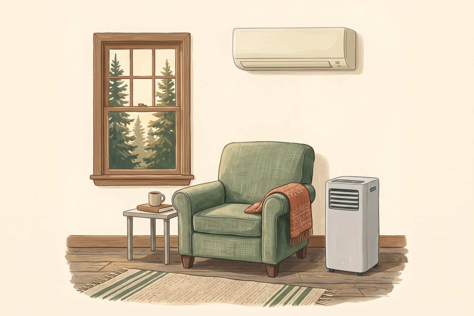 Illustration of an Oregon living room with a wall-mounted heat pump and a separate portable air cleaner.