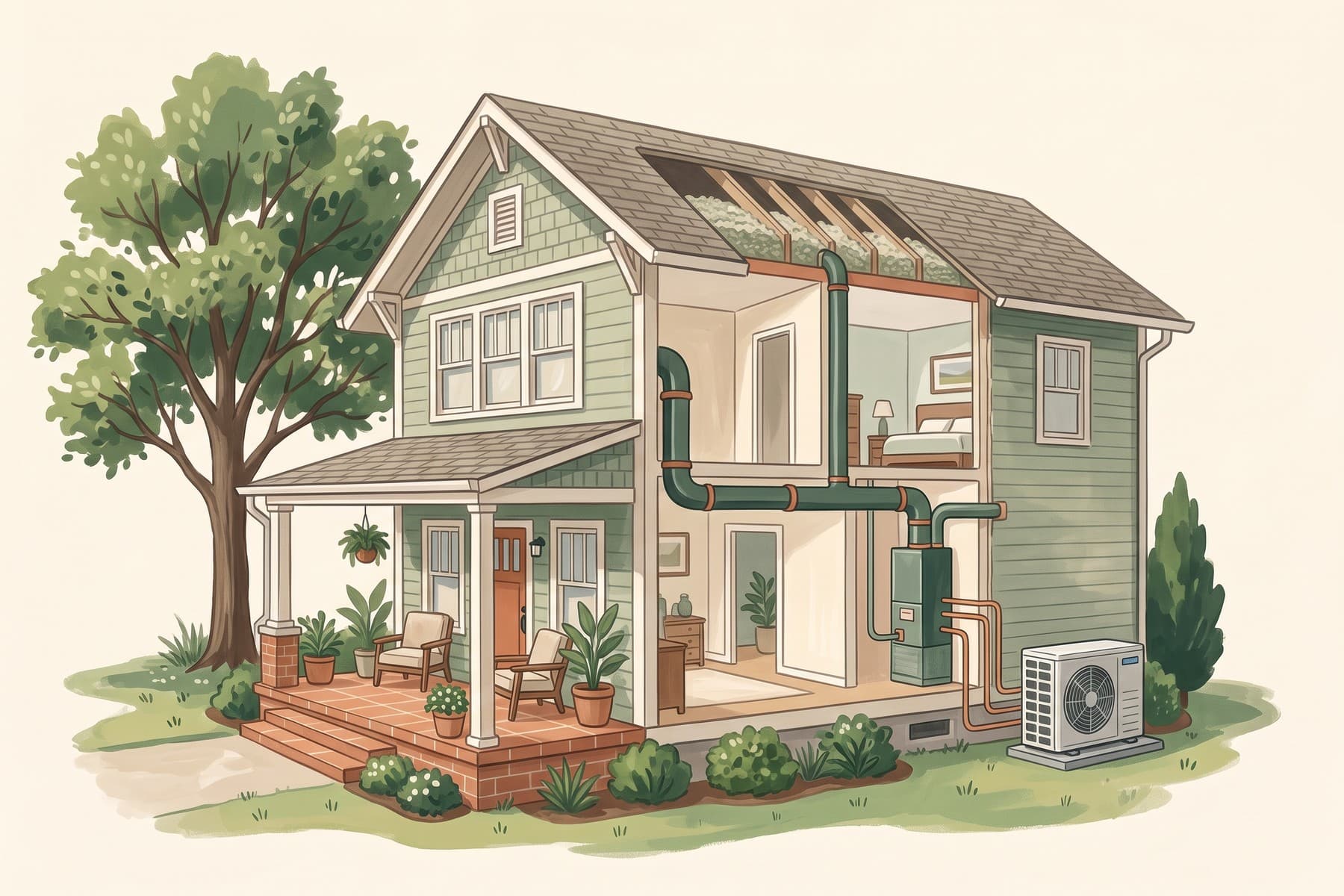Cutaway illustration of a Georgia bungalow showing insulation, windows, ductwork, and a heat pump.
