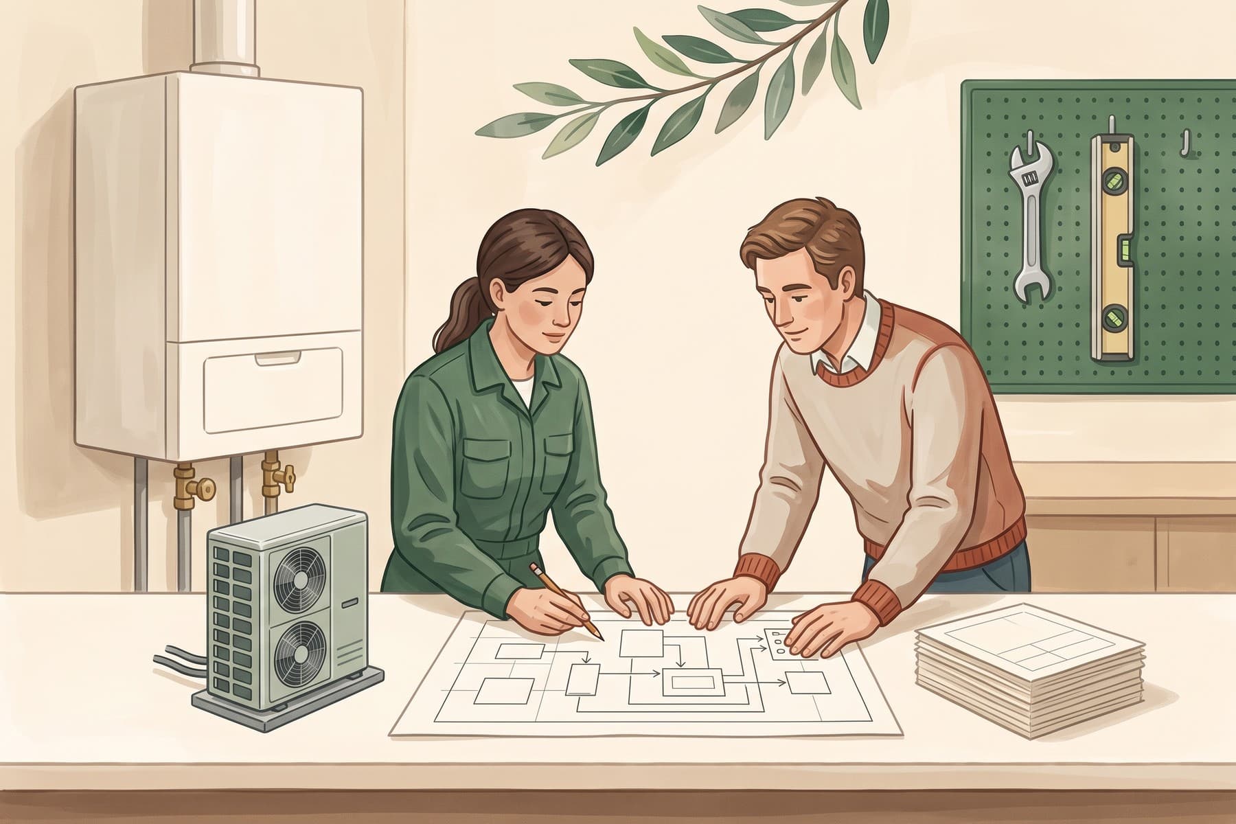Illustration of a homeowner and HVAC professional comparing heating plans in a New Jersey utility room.