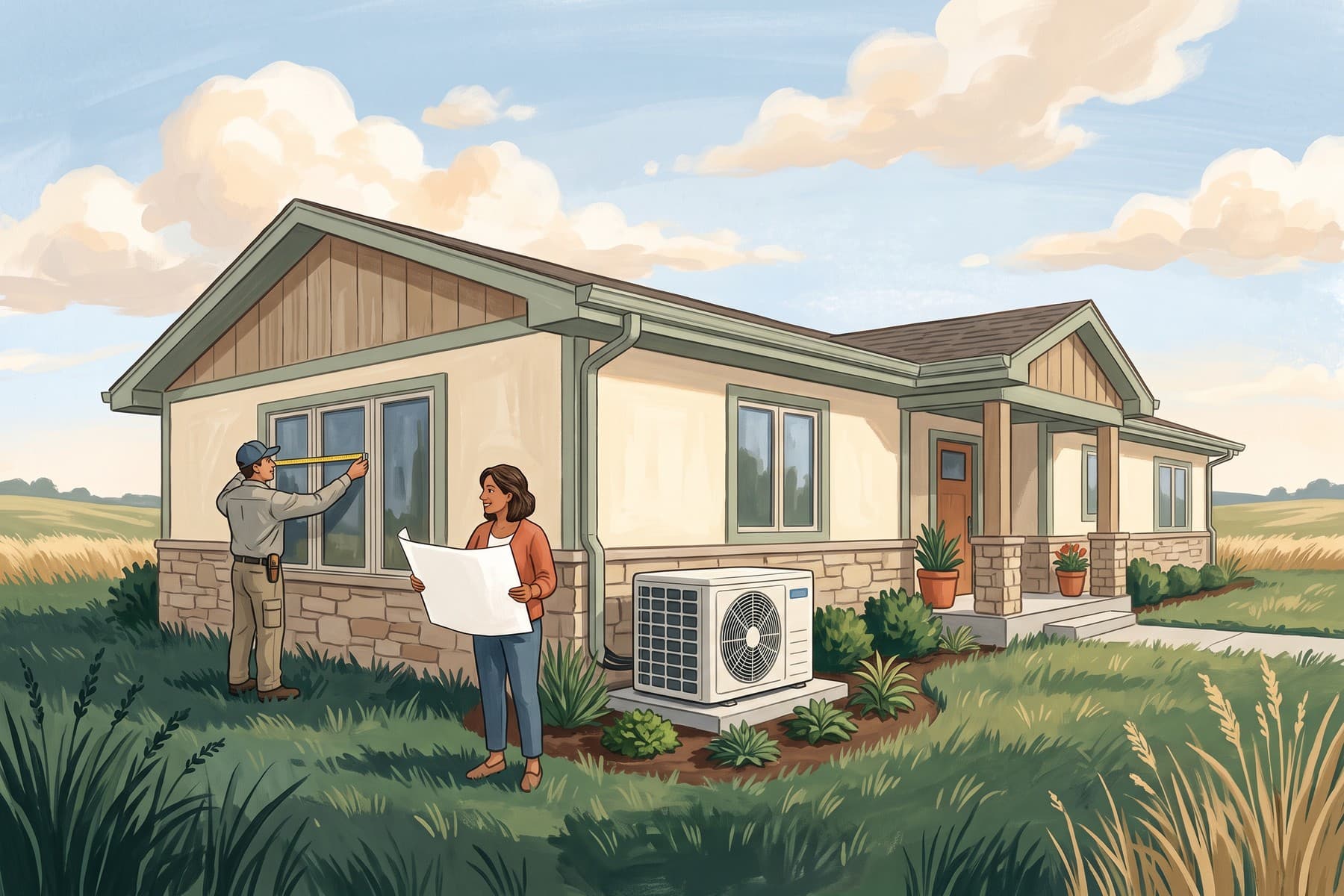 Illustration of a technician measures a window while a homeowner holds a plan beside a Kansas home and heat pump.