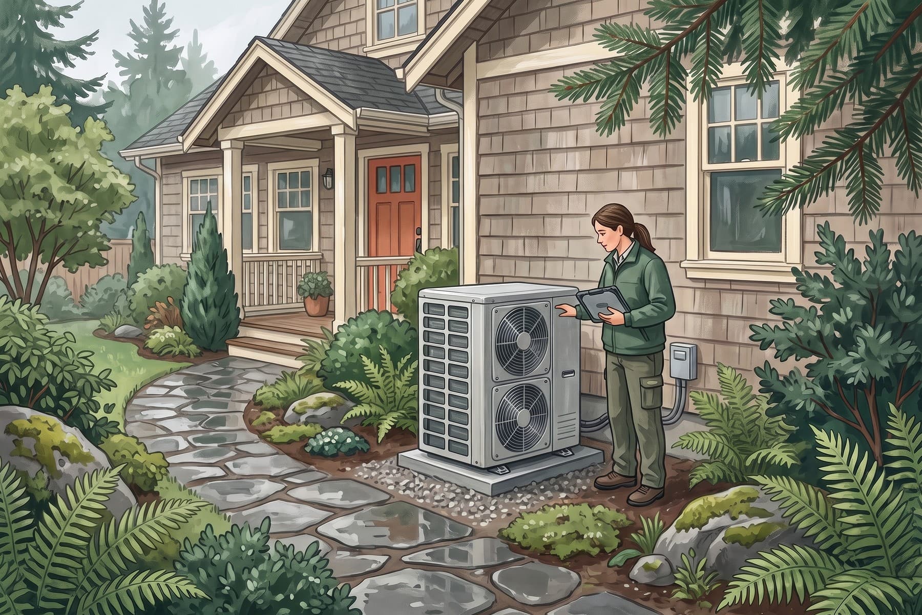 Illustration of a technician inspecting an older heat pump beside a cedar-sided Pacific Northwest home.