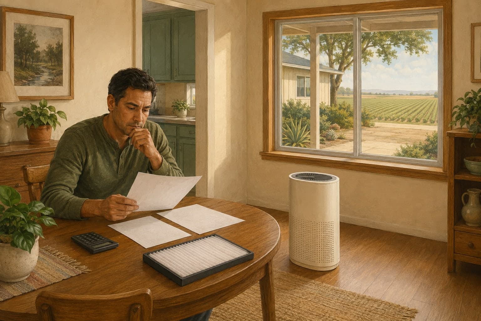 Illustration of a Kings County homeowner comparing filtration plans beside a portable purifier in a modest home.