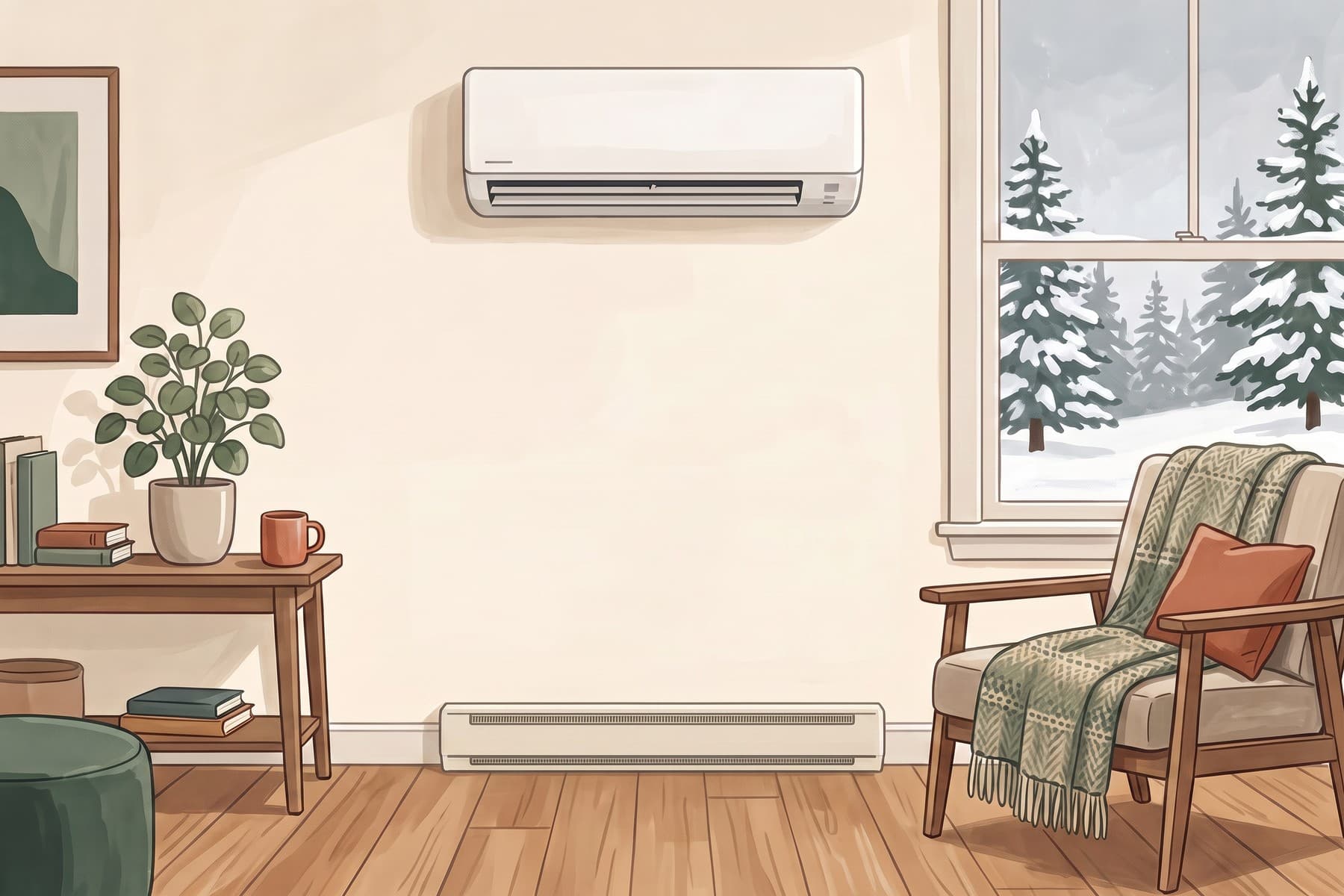Illustration of a New Hampshire living room with electric baseboard heating and a wall-mounted heat pump.
