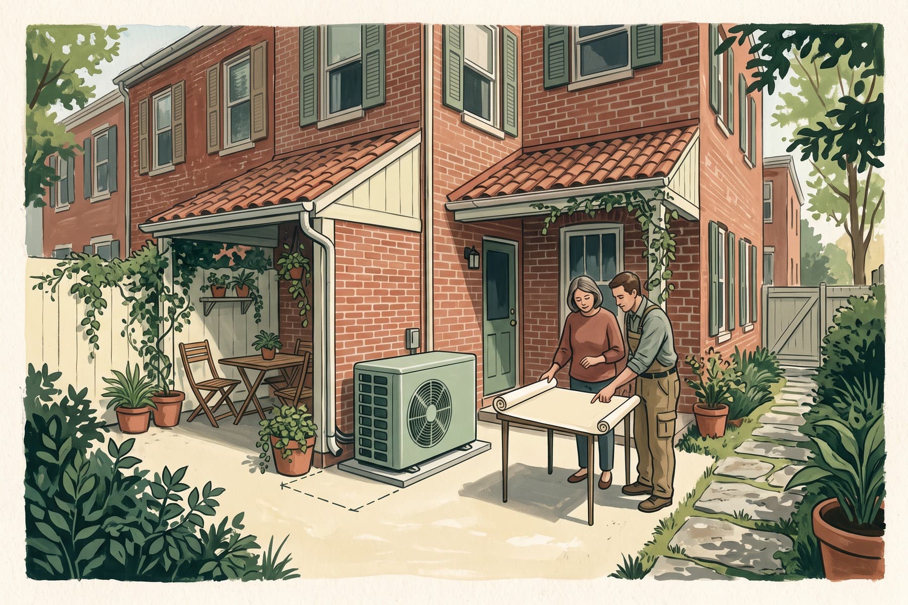 Illustration of a Maryland homeowner and installer reviewing a plan beside an outdoor heat pump in a brick rowhouse courtyard.
