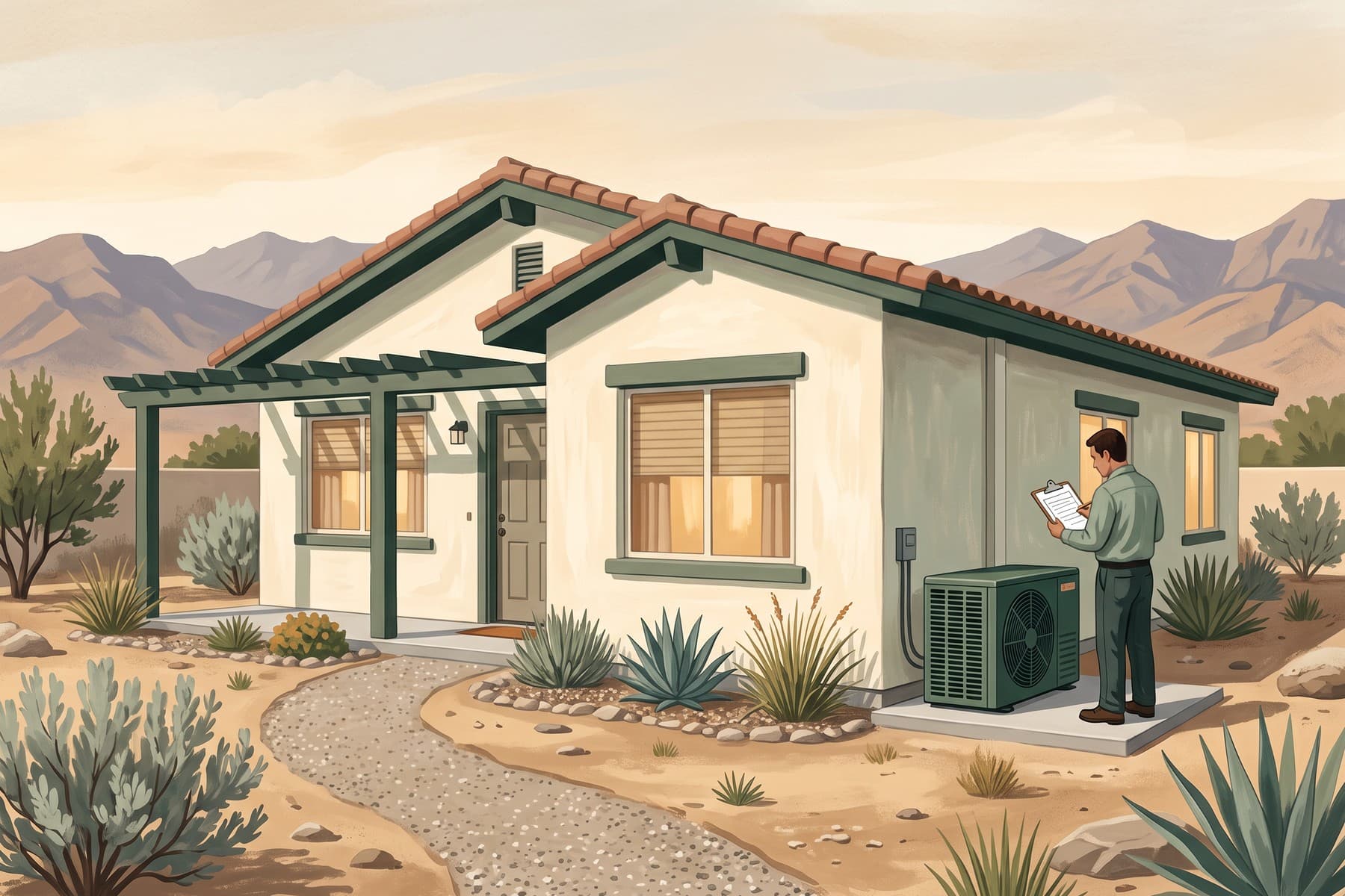 Illustration of a technician records notes beside a heat pump at a Nevada desert home with shade and drought-tolerant landscaping.