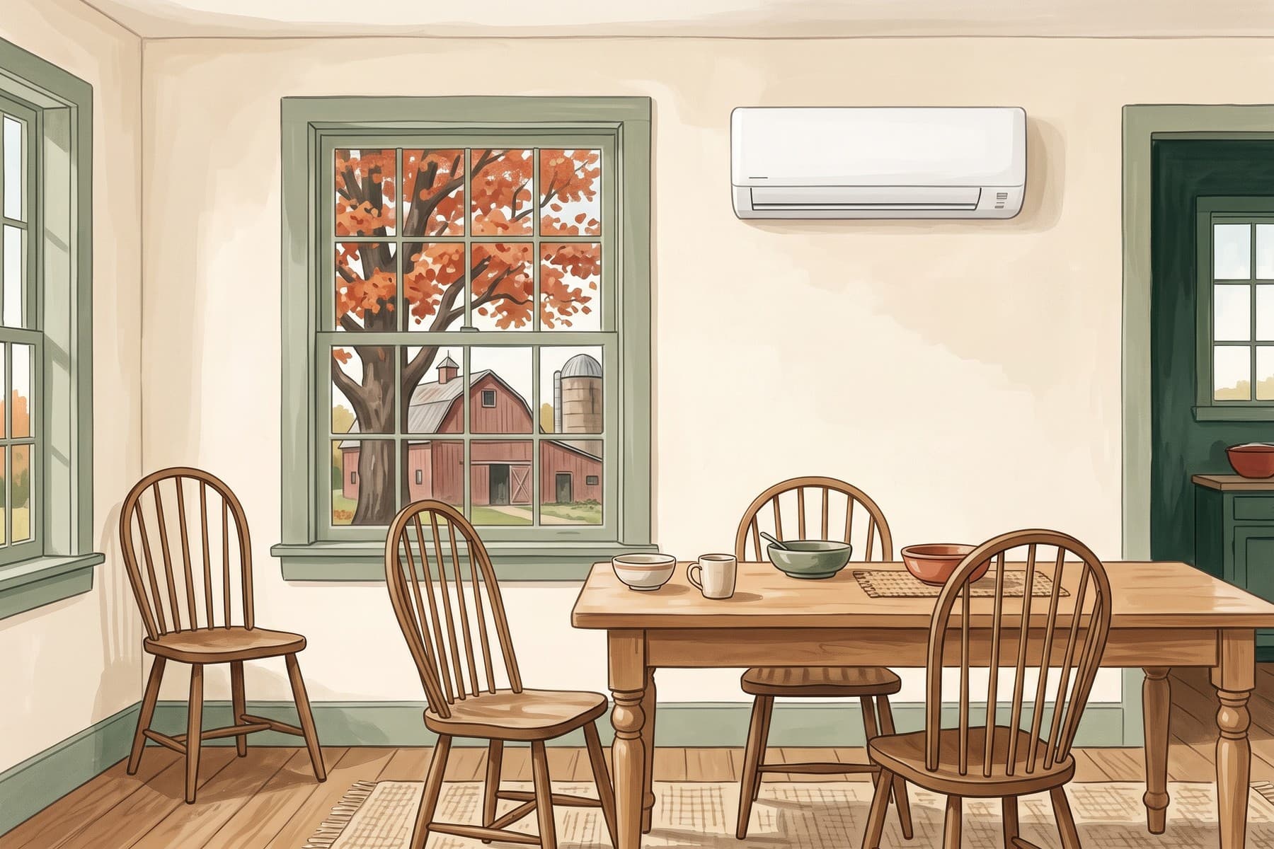 Illustration of a Vermont farmhouse dining room with a wall-mounted heat pump and an autumn view.