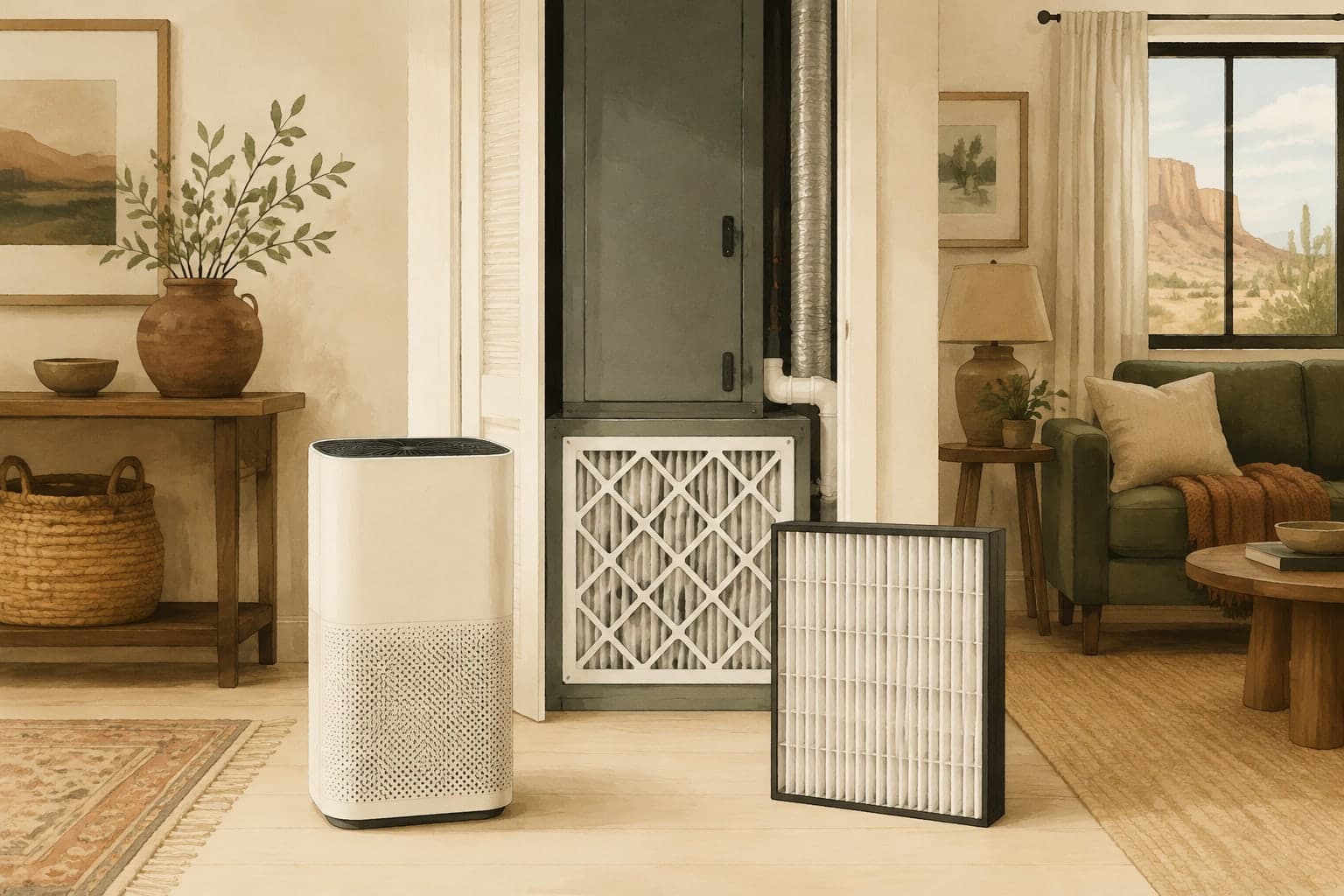 Illustration comparing a portable room purifier, a pleated central filter, and a home with a closed HVAC cabinet.