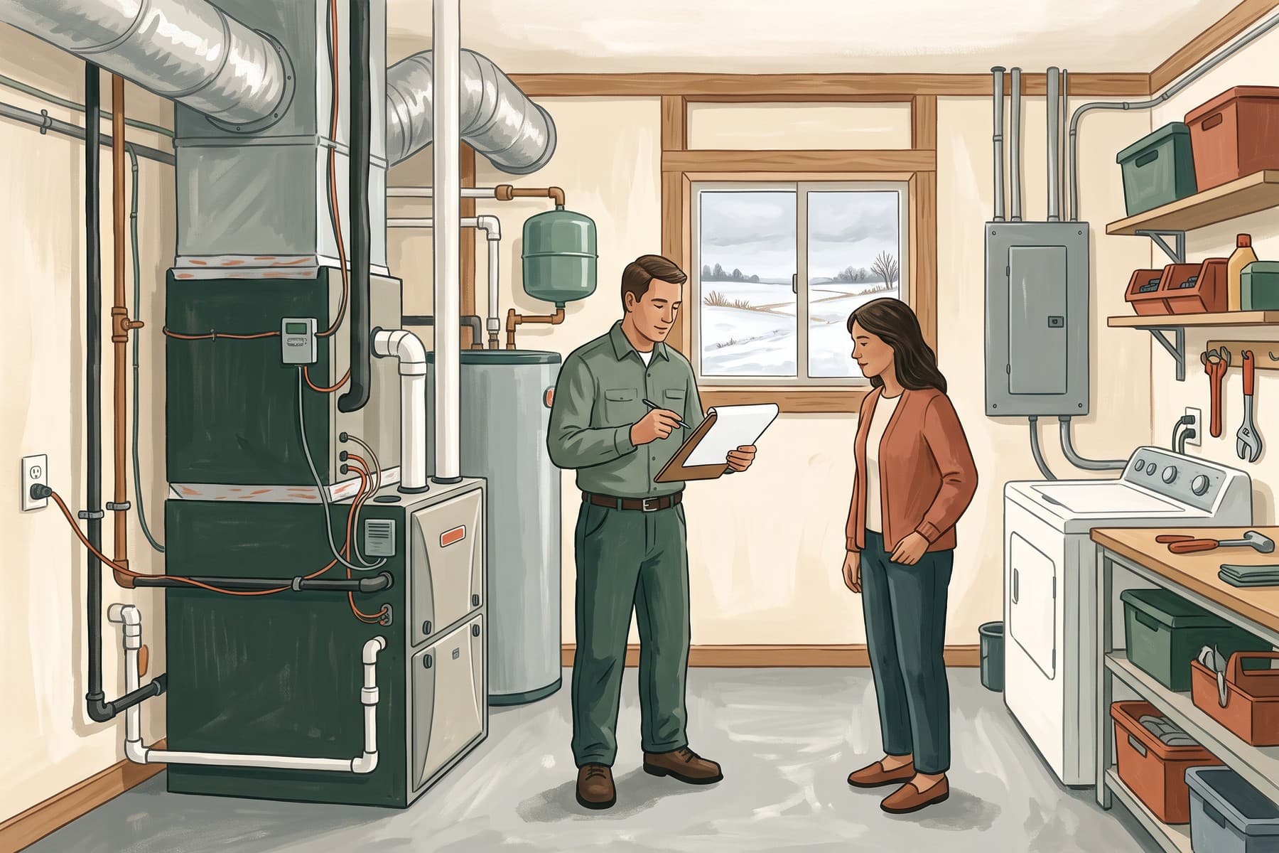 Illustration of a technician explaining a heating proposal to a homeowner in a North Dakota utility room, with snow visible outside.