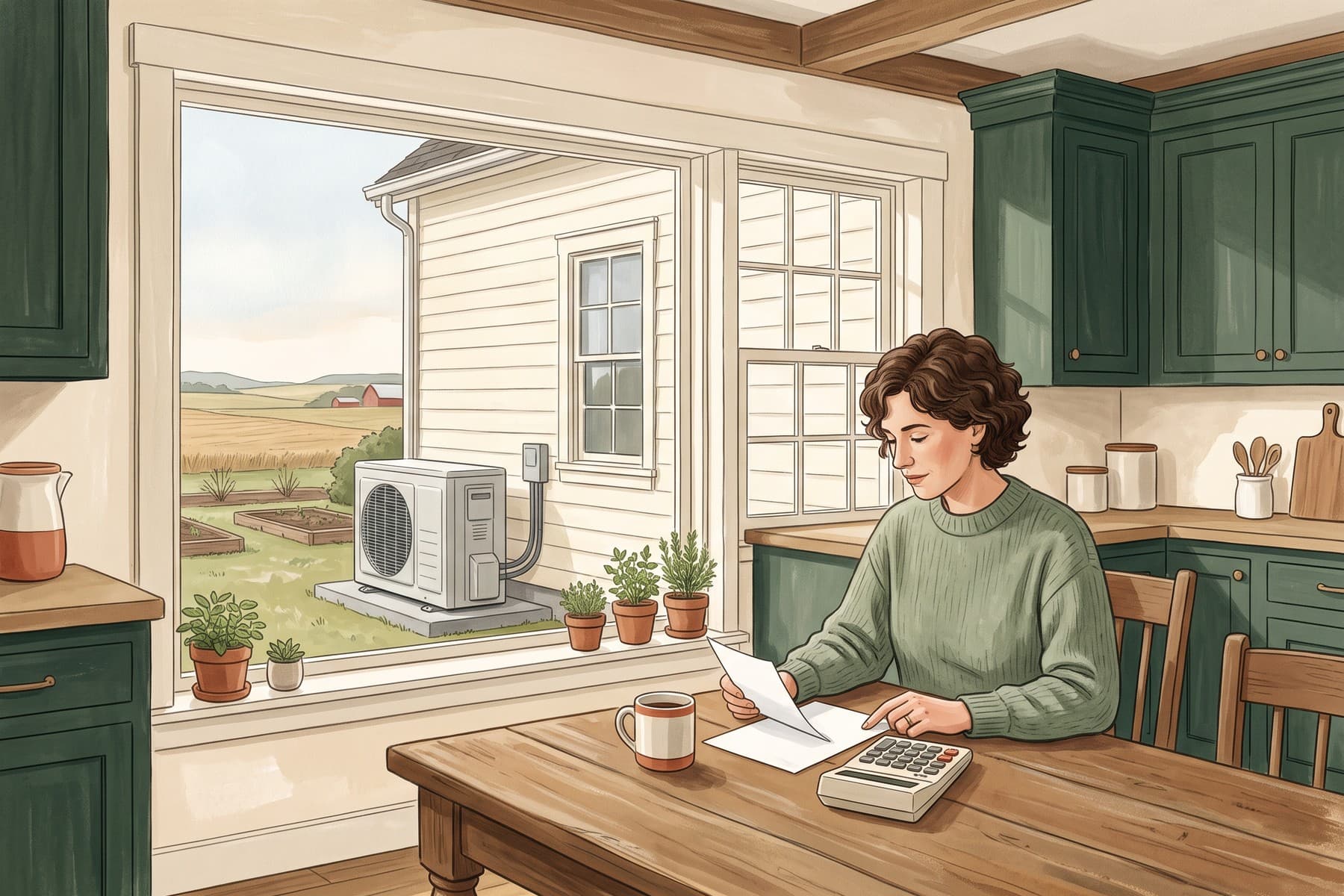 Illustration of an Iowa homeowner reviews bills with a calculator at a kitchen table, with a heat pump visible outside.