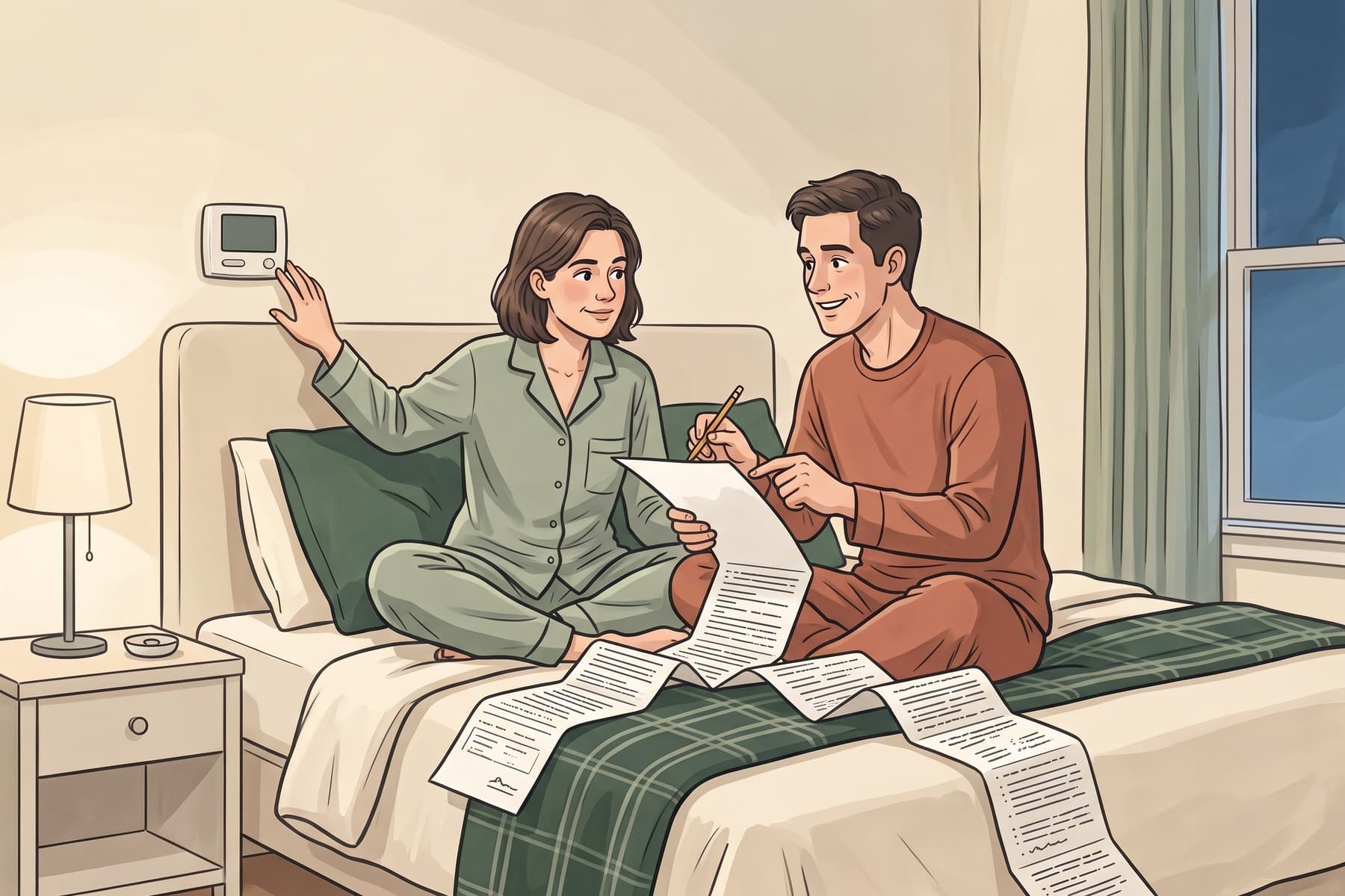 Two pajama-clad partners negotiate a long bedtime agreement on their bed beside a small thermostat.