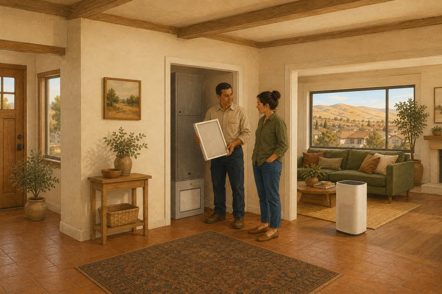 Illustration of a Kern County homeowner and HVAC professional reviewing a pleated filter beside a closed air-handler cabinet.