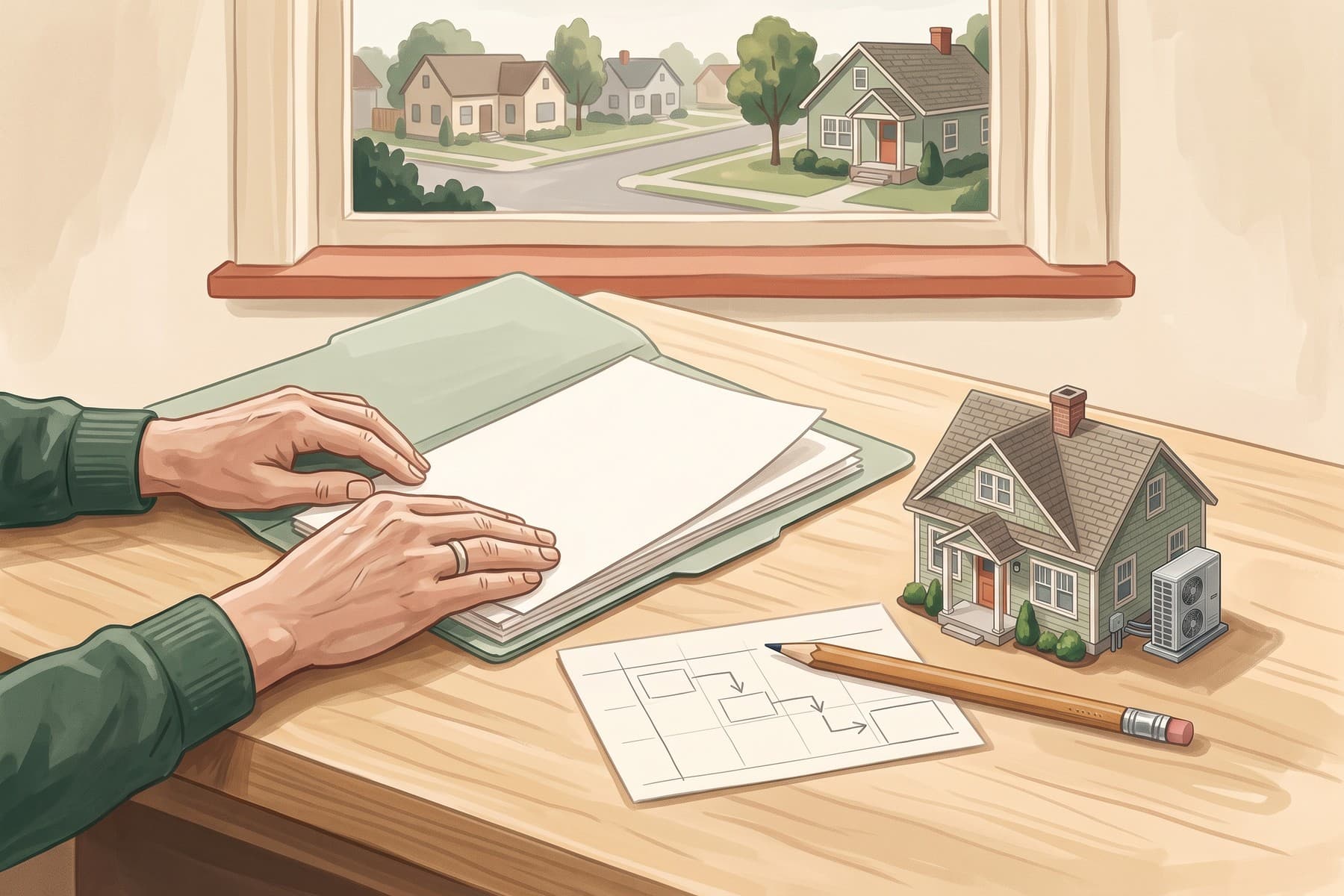 Illustration of hands arranging home improvement documents and a house model on a kitchen table.