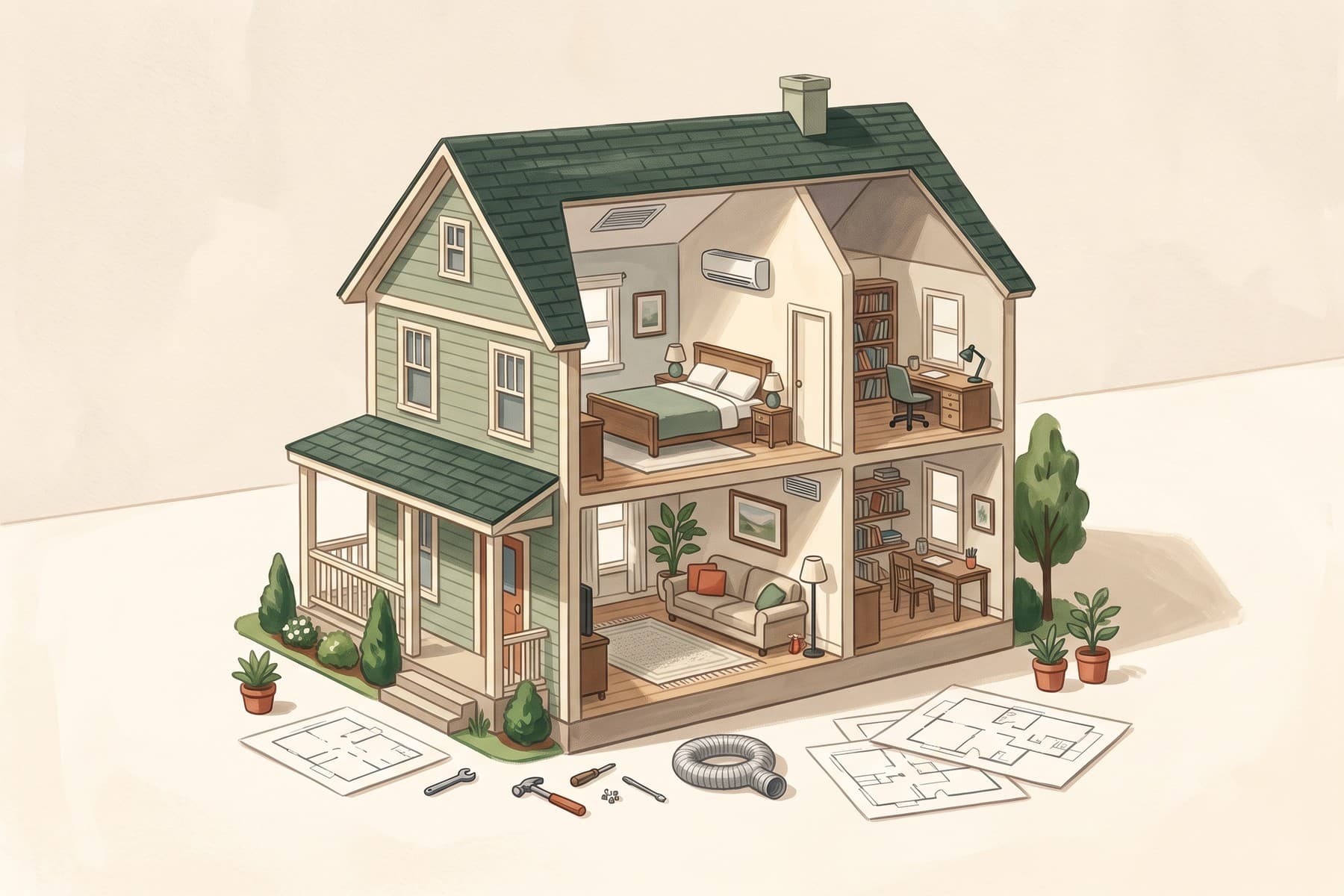 Dollhouse illustration showing heating equipment in several rooms of a Massachusetts home.