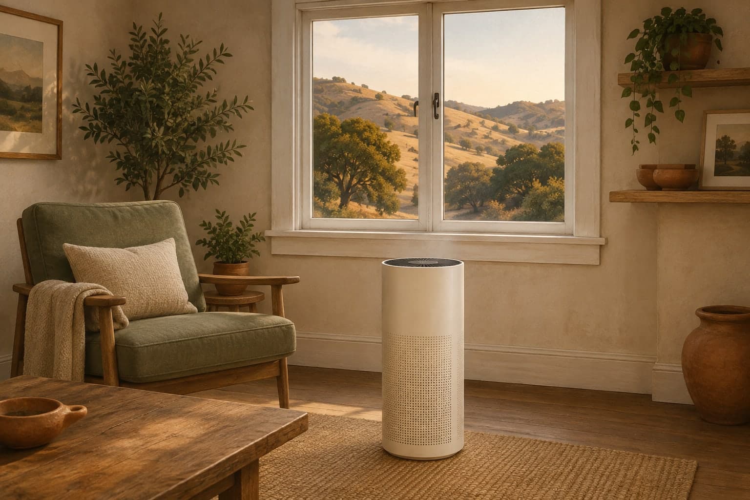 Illustration of a San Luis Obispo County bungalow with a portable purifier beside a closed window overlooking oak-dotted hills.