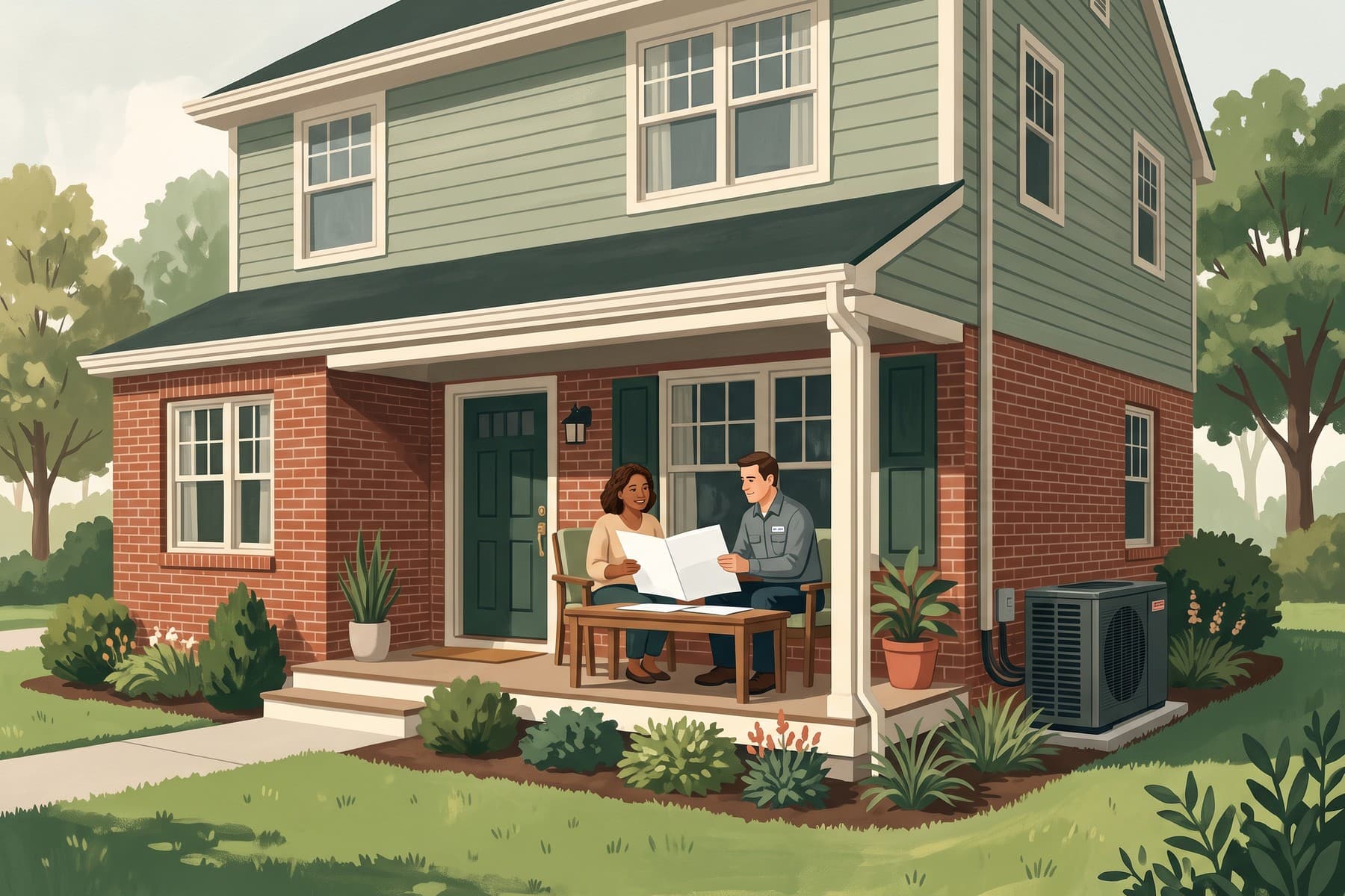 Illustration of a New Jersey homeowner and installer reviewing a proposal on the porch of a brick-and-siding home beside an outdoor heat pump.