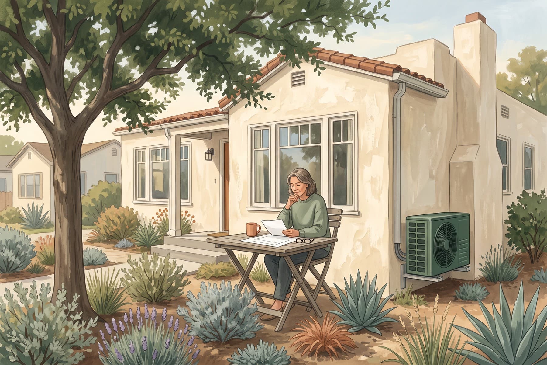 Illustration of a California homeowner reviews paperwork at a table outside a shaded stucco home with an outdoor heat pump.