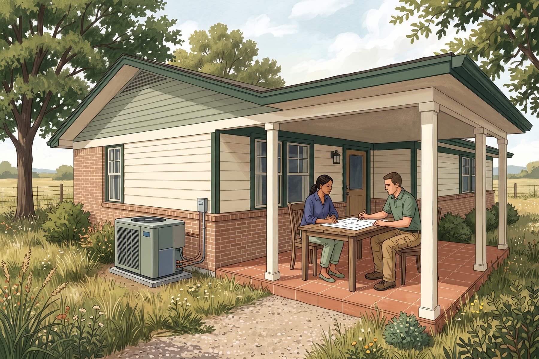 Illustration of an Oklahoma homeowner and contractor reviewing a floor plan on a shaded porch beside an outdoor heat pump.
