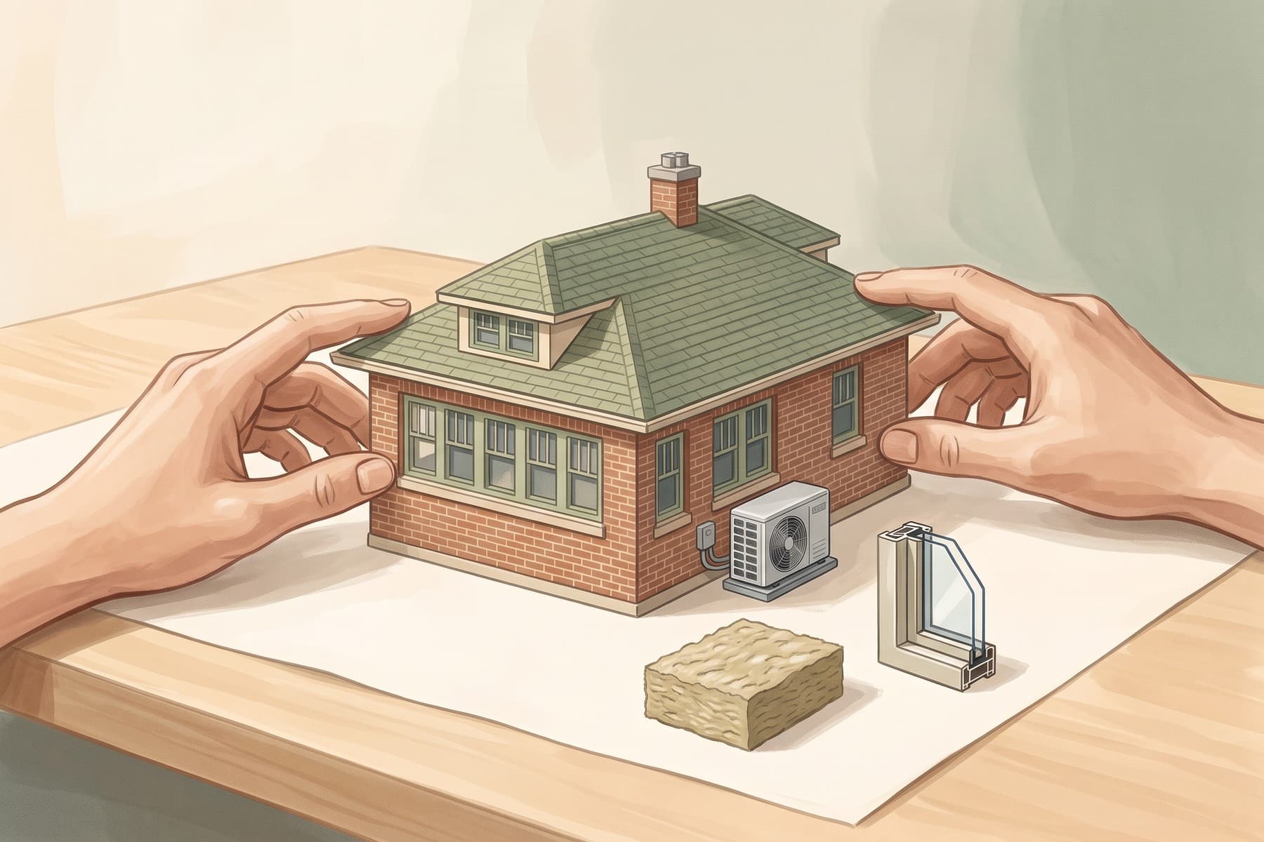 Illustration of a Wisconsin bungalow model with heat pump, insulation, and window samples.
