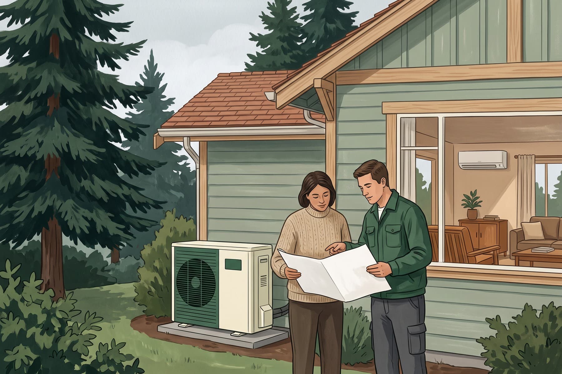 Illustration of a homeowner and installer discuss a floor plan beside a Washington home with indoor and outdoor heat-pump units.
