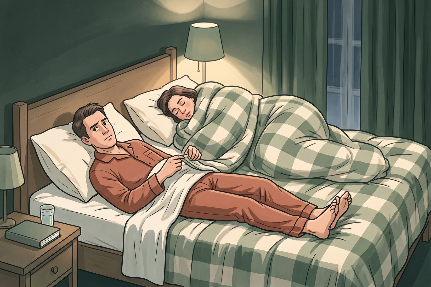 One partner sleeps wrapped in nearly the entire duvet while the other lies awake holding its tiny remaining corner.