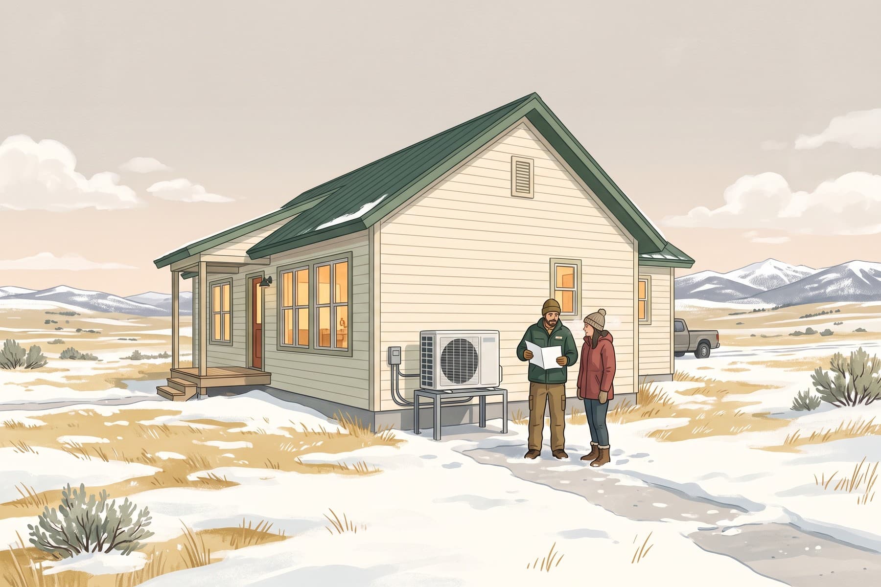 Illustration of a Wyoming homeowner and technician reviewing a proposal beside an elevated heat pump at a home in snowy open country.