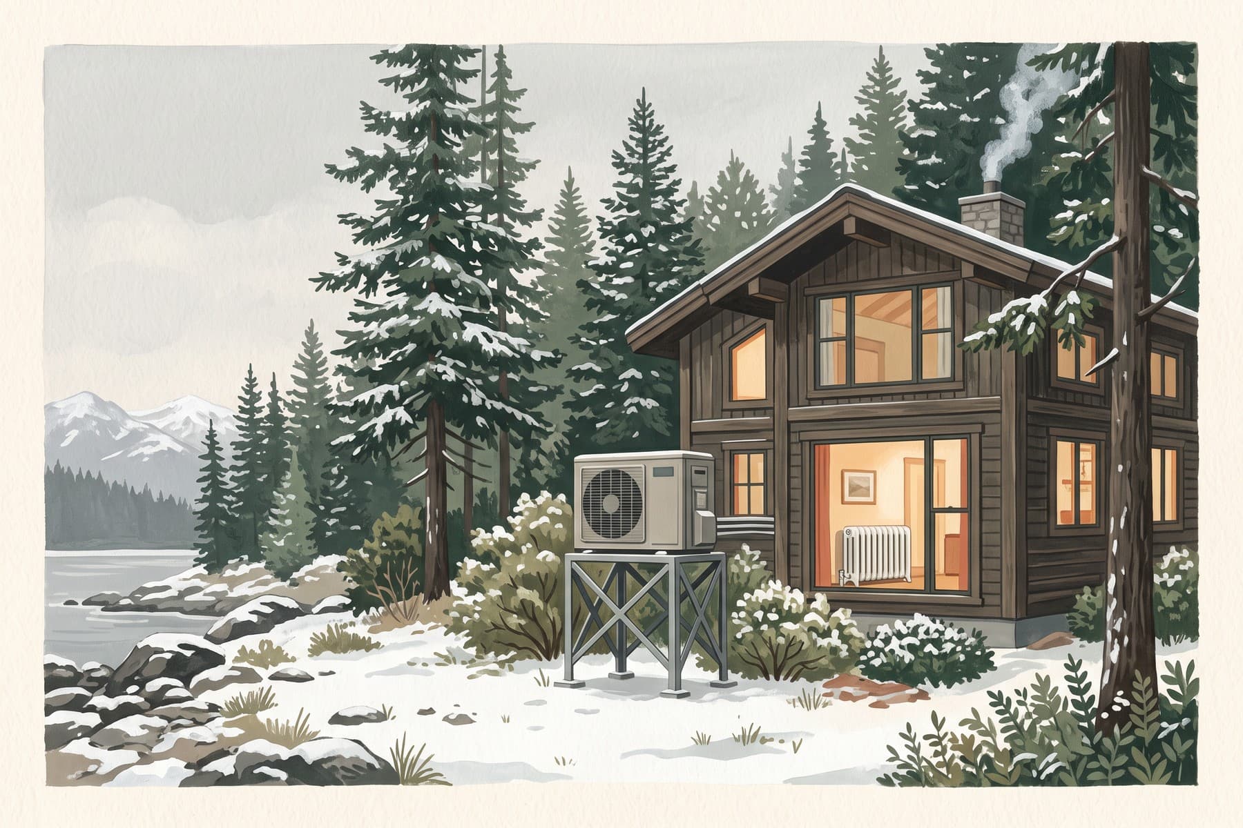 Illustration of an elevated heat pump outside a timber home on a snowy Alaska coast, with a radiator visible through a lit window.