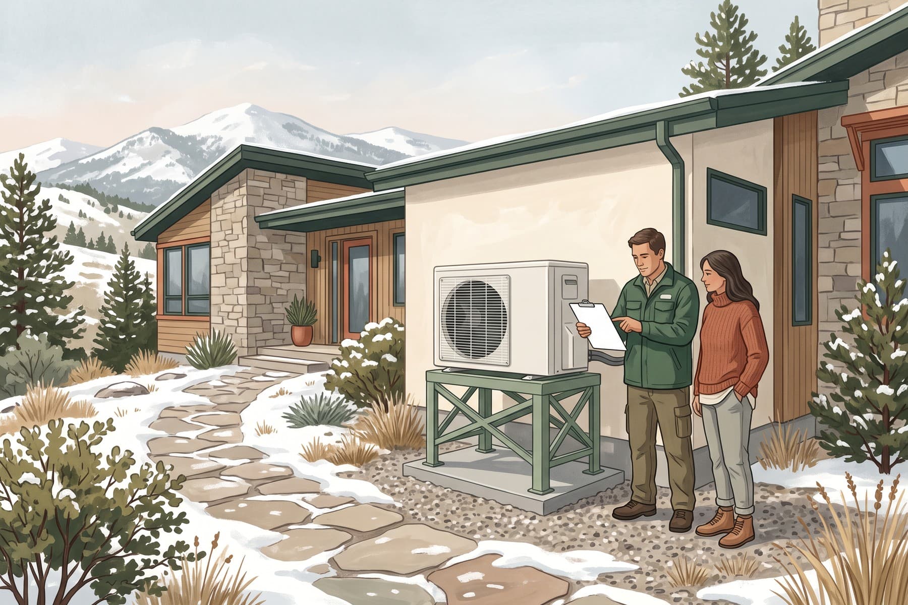 Illustration of a technician and homeowner review an elevated heat pump outside a snowy Colorado mountain home.