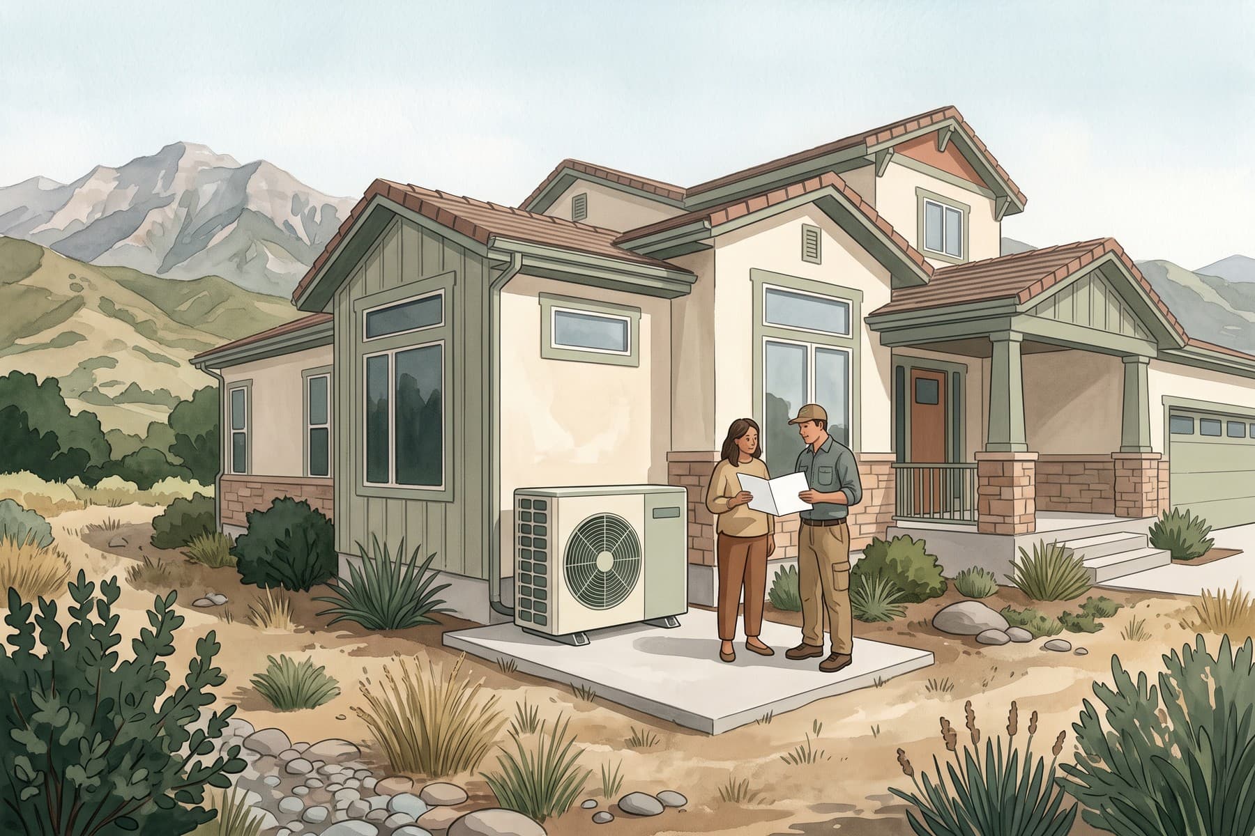 Illustration of a homeowner and installer compare a plan beside a heat pump at a Utah home with mountains beyond.