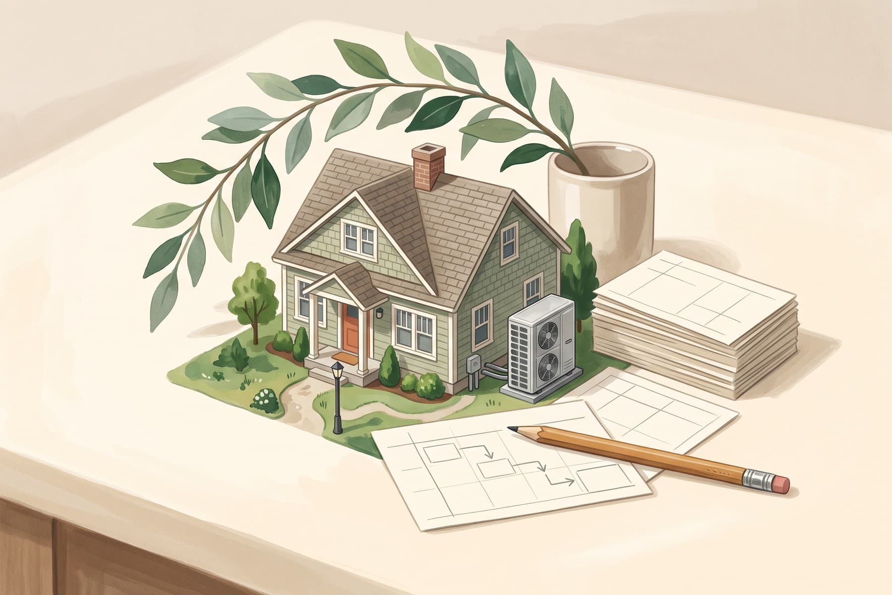Illustration of a house model, miniature heat pump, and home improvement planning materials.
