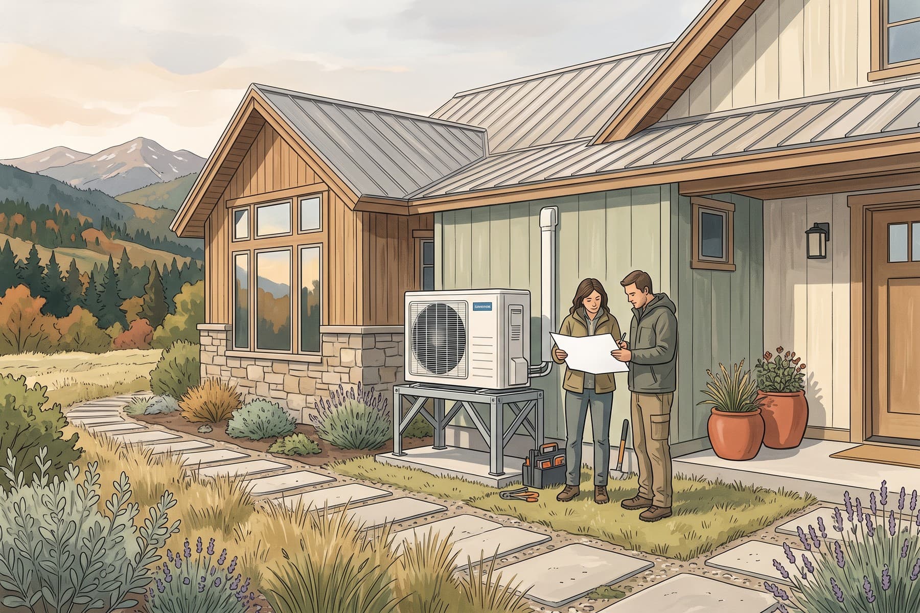 Illustration of a homeowner and installer review a proposal beside an elevated heat pump at an Idaho valley home.