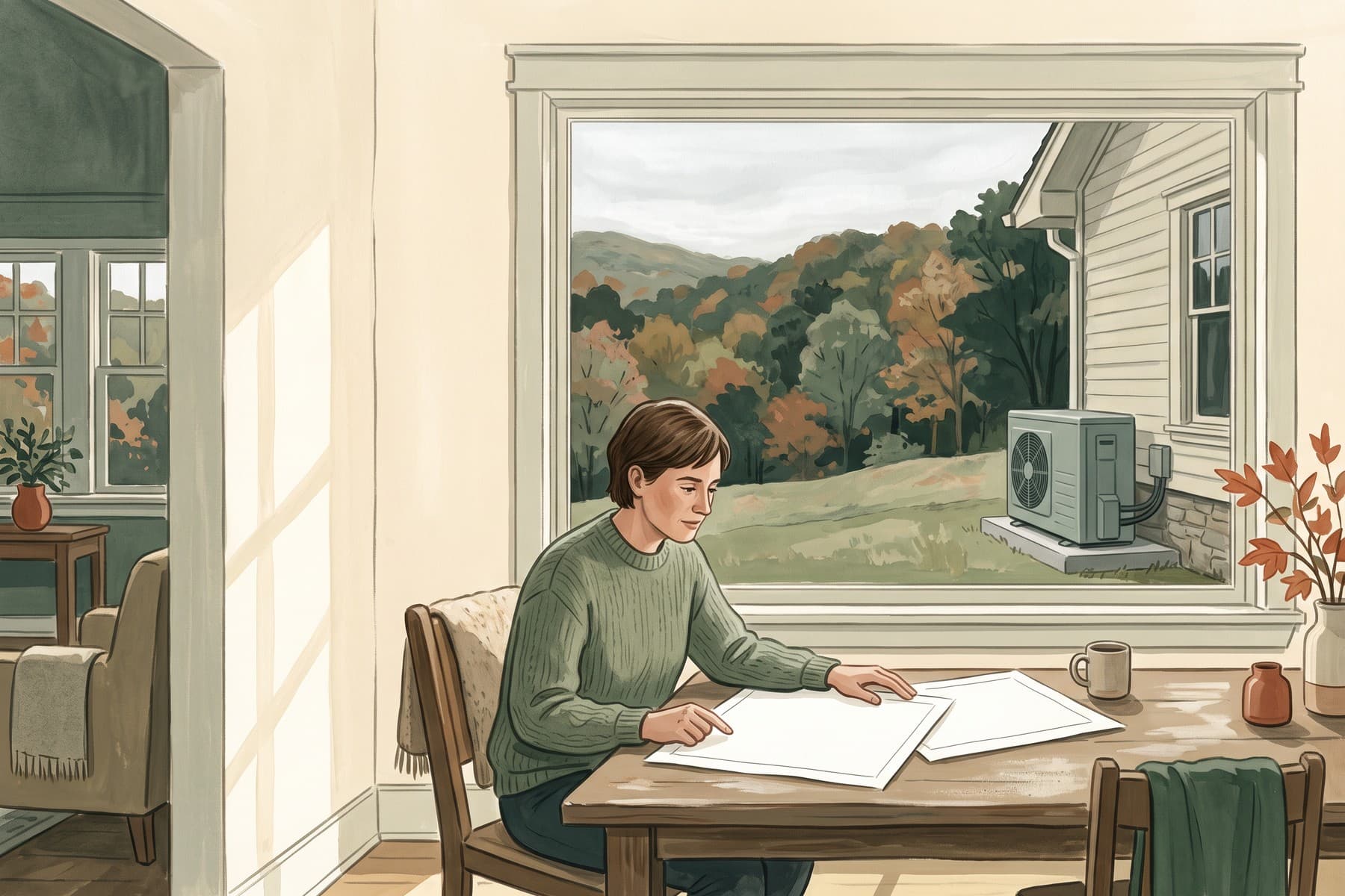 Illustration of a homeowner compares project plans at a table with a heat pump and Arkansas wooded hills visible outside.