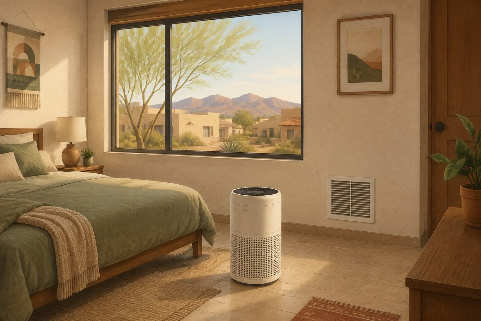 Illustration of a Phoenix-area bedroom with a portable air purifier, a central return grille, and desert hills beyond a closed window.