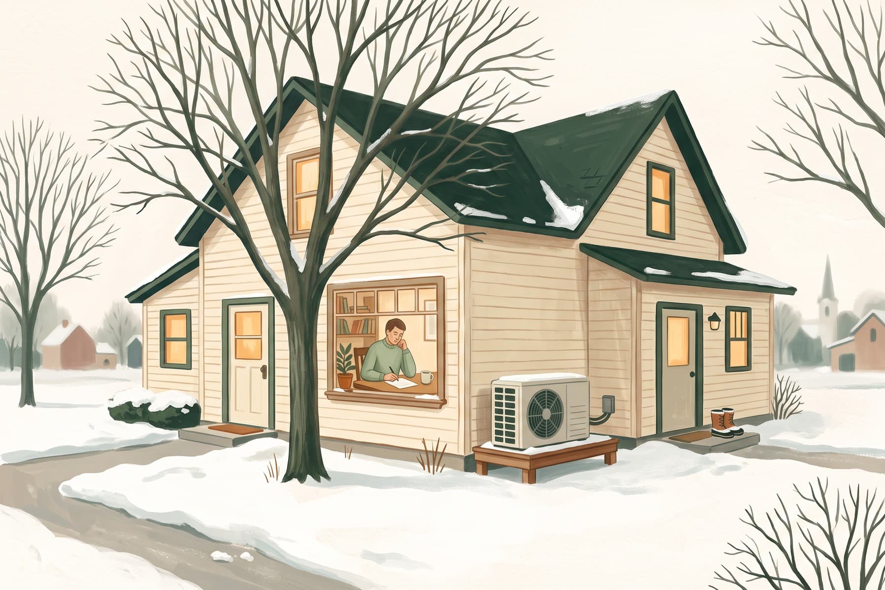 Illustration of a South Dakota homeowner reviewing a plan indoors, with an elevated heat pump beside the home in snow.